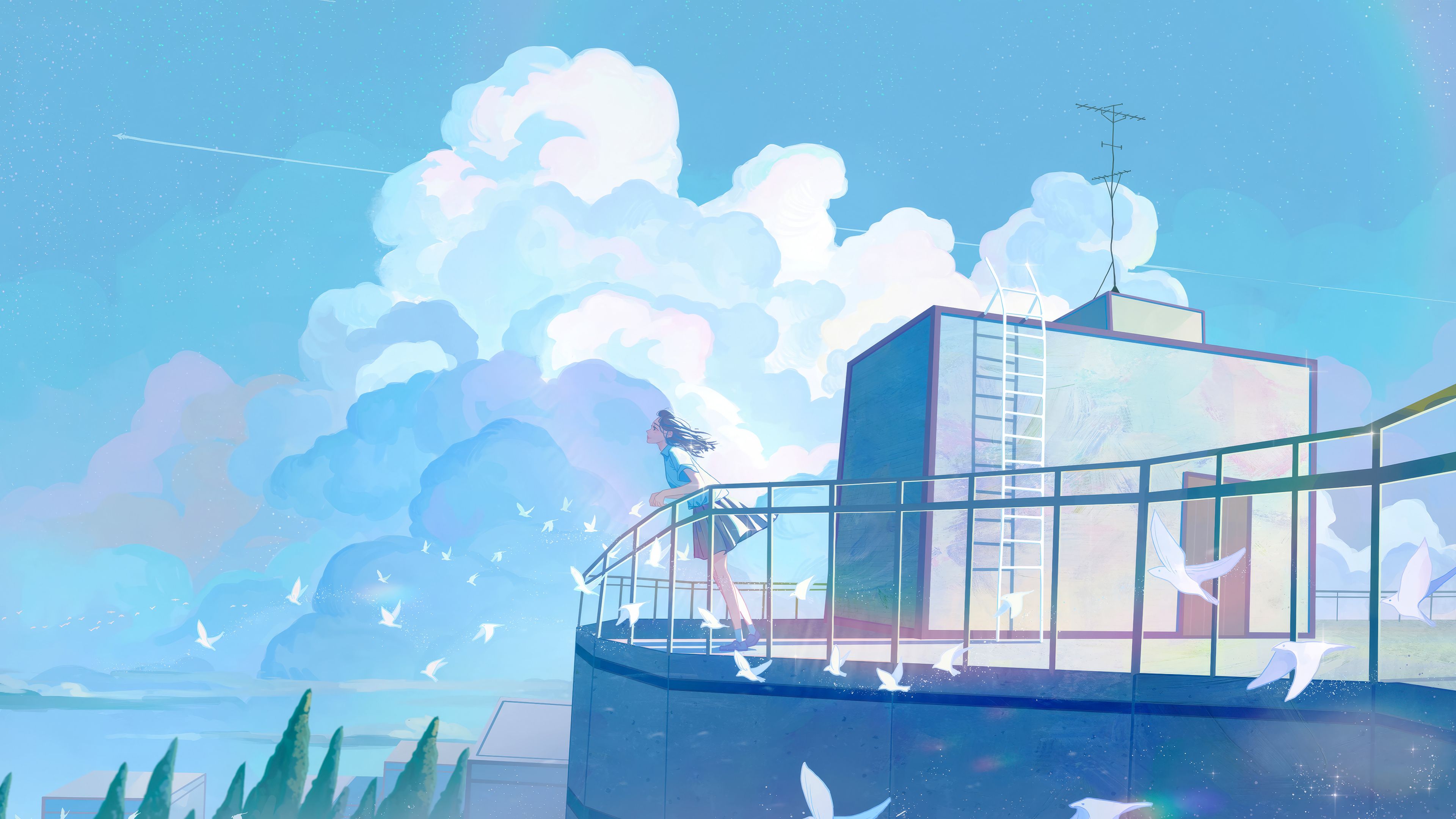 3840x2160 Anime Girl Sky Clouds Wallpaper 4K HD PC b
