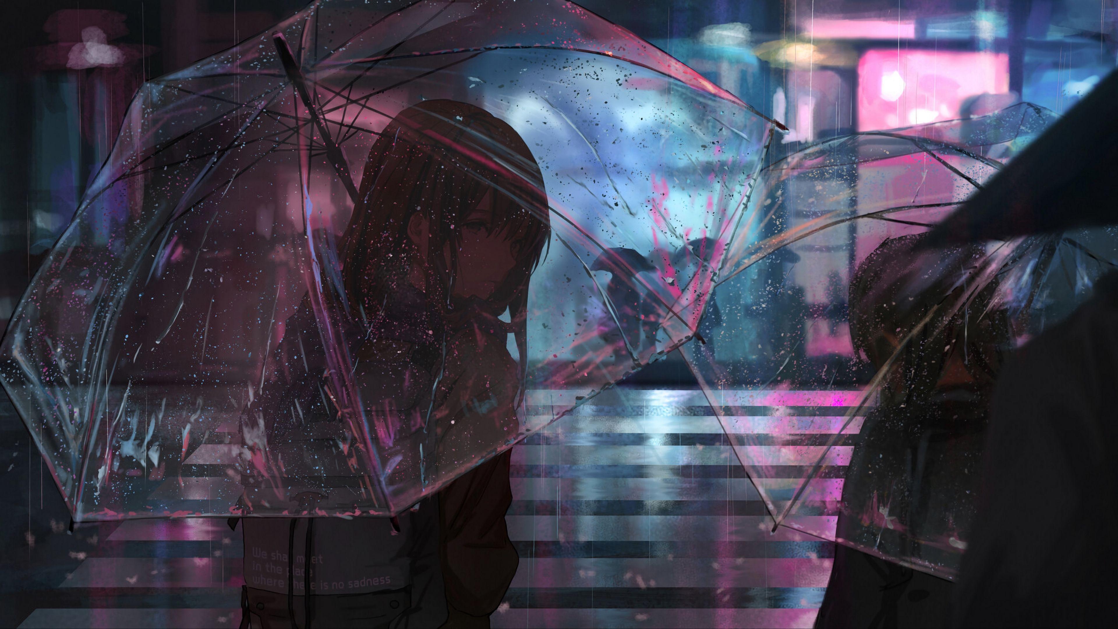 3840x2160 Download wallpaper 3840x2160 girl, umbrella, anime, rain, street, night 4k uhd 16:9 HD background