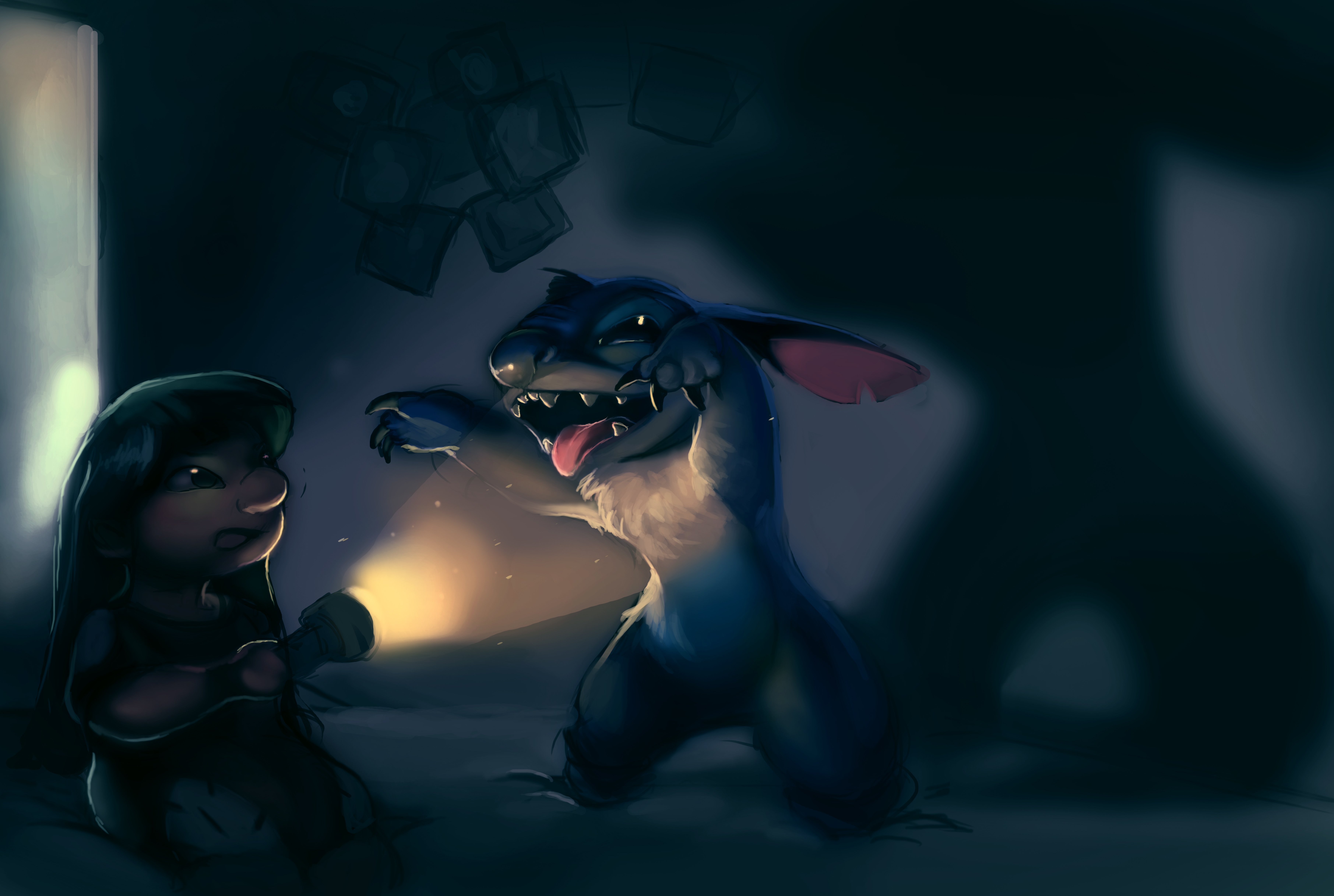 7246x4870 Wallpaper night, room, dark, lights, girl, alien, Stitch, Lilo and Stitch for mobile and desktop, section фильмы, resolution 7246x4870