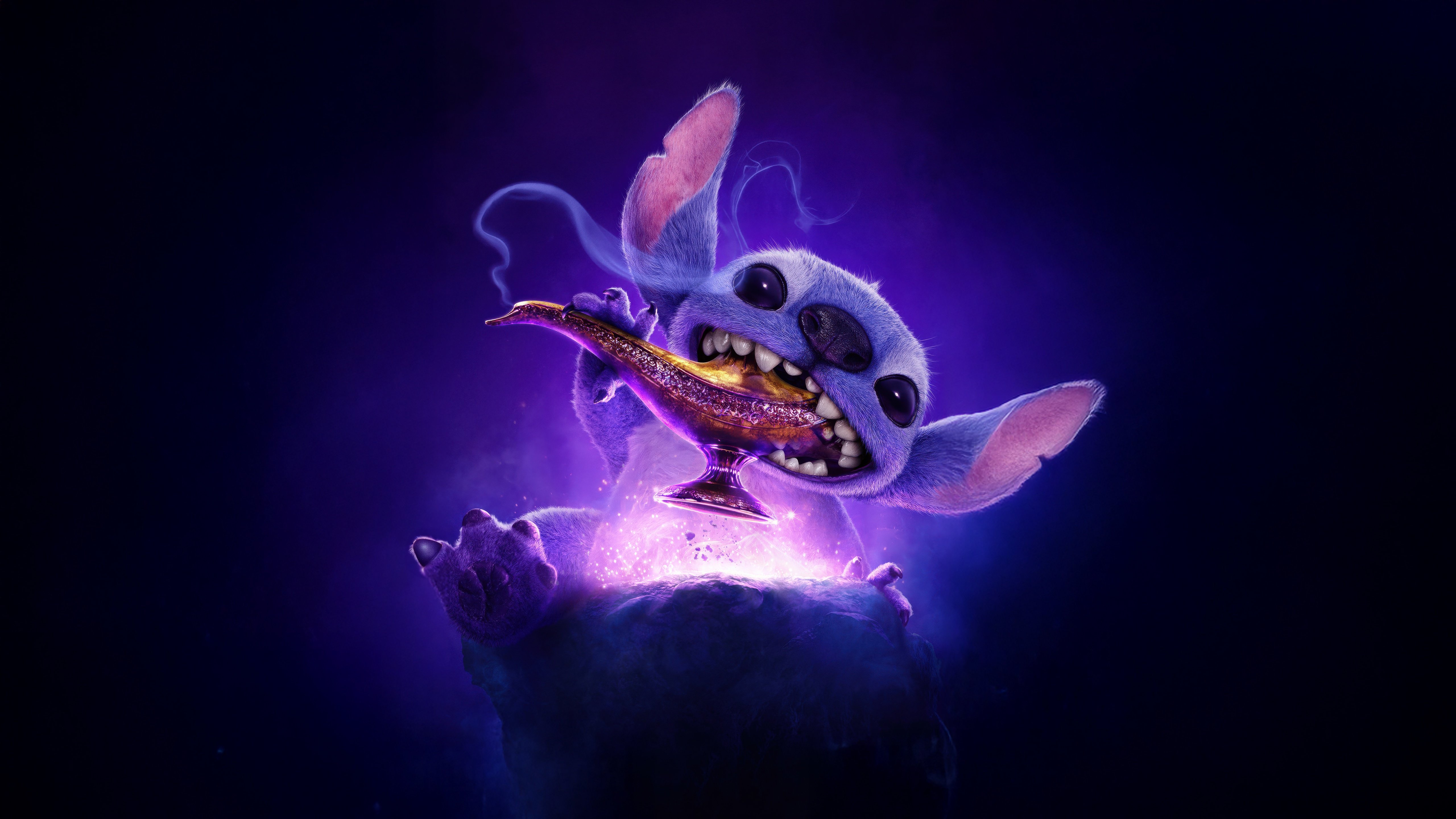 5120x2880 Wallpaper smoke, lamp of Aladdin, Lilo and Stitch, Lilo And Stitch, Aladdin Lamp, dark purple background for mobile and desktop, section фильмы, resolution 5120x2880