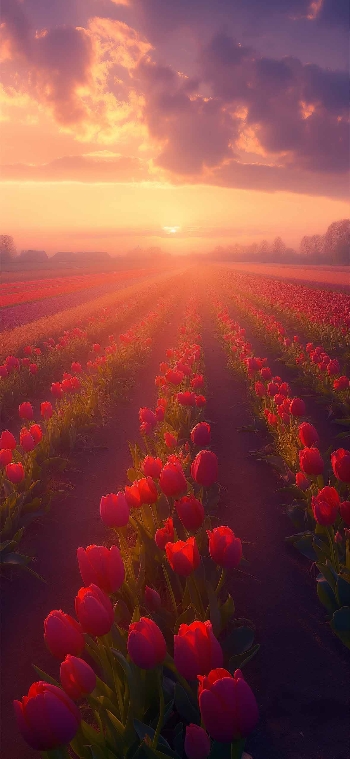 1180x2554 Sunset Tulips Field Netherlands Peaceful Wallpaper iPhone HD