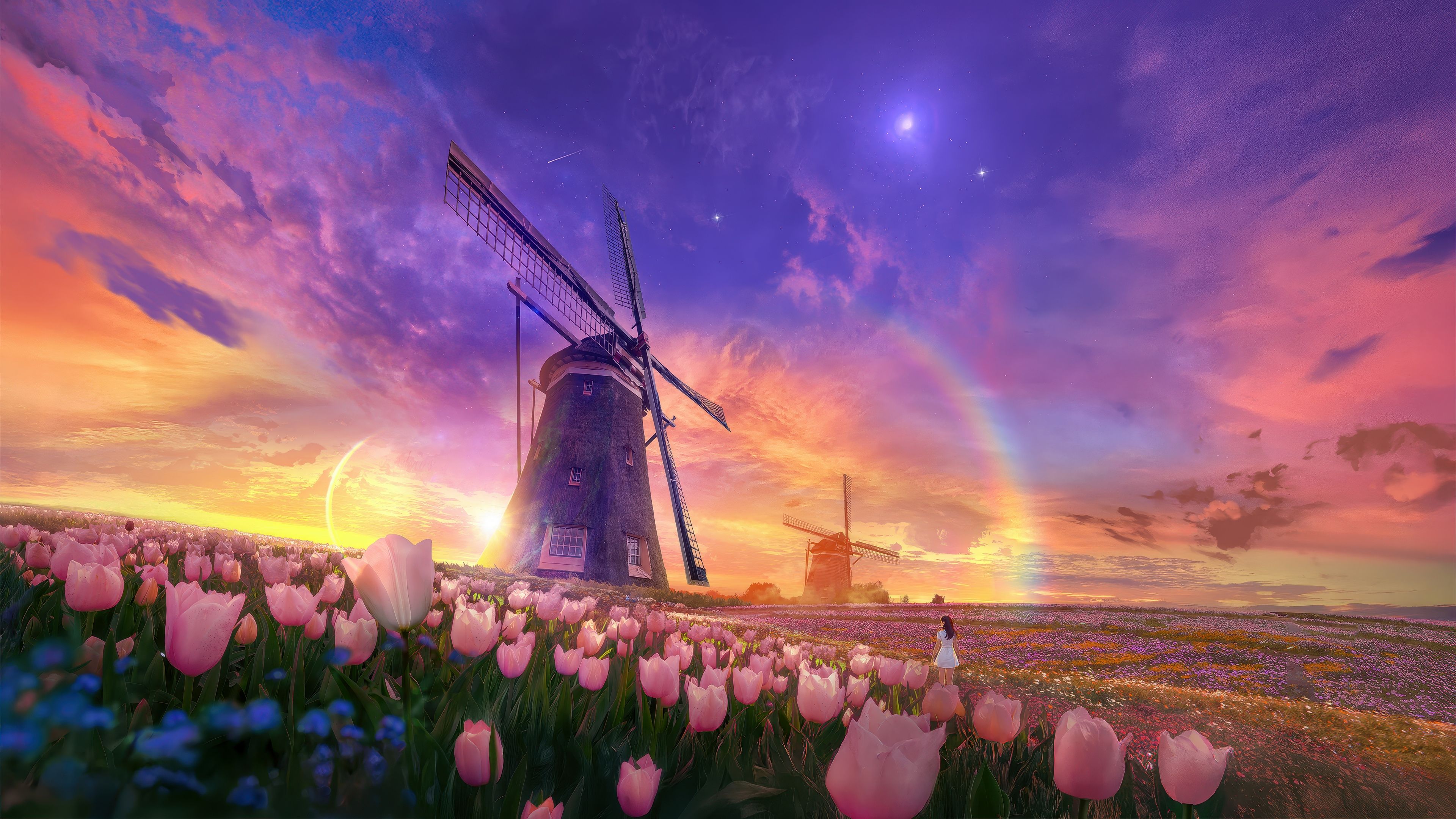 3840x2160 Tulips field Wallpaper 4K, Windmill, Surrealism, Aesthetic