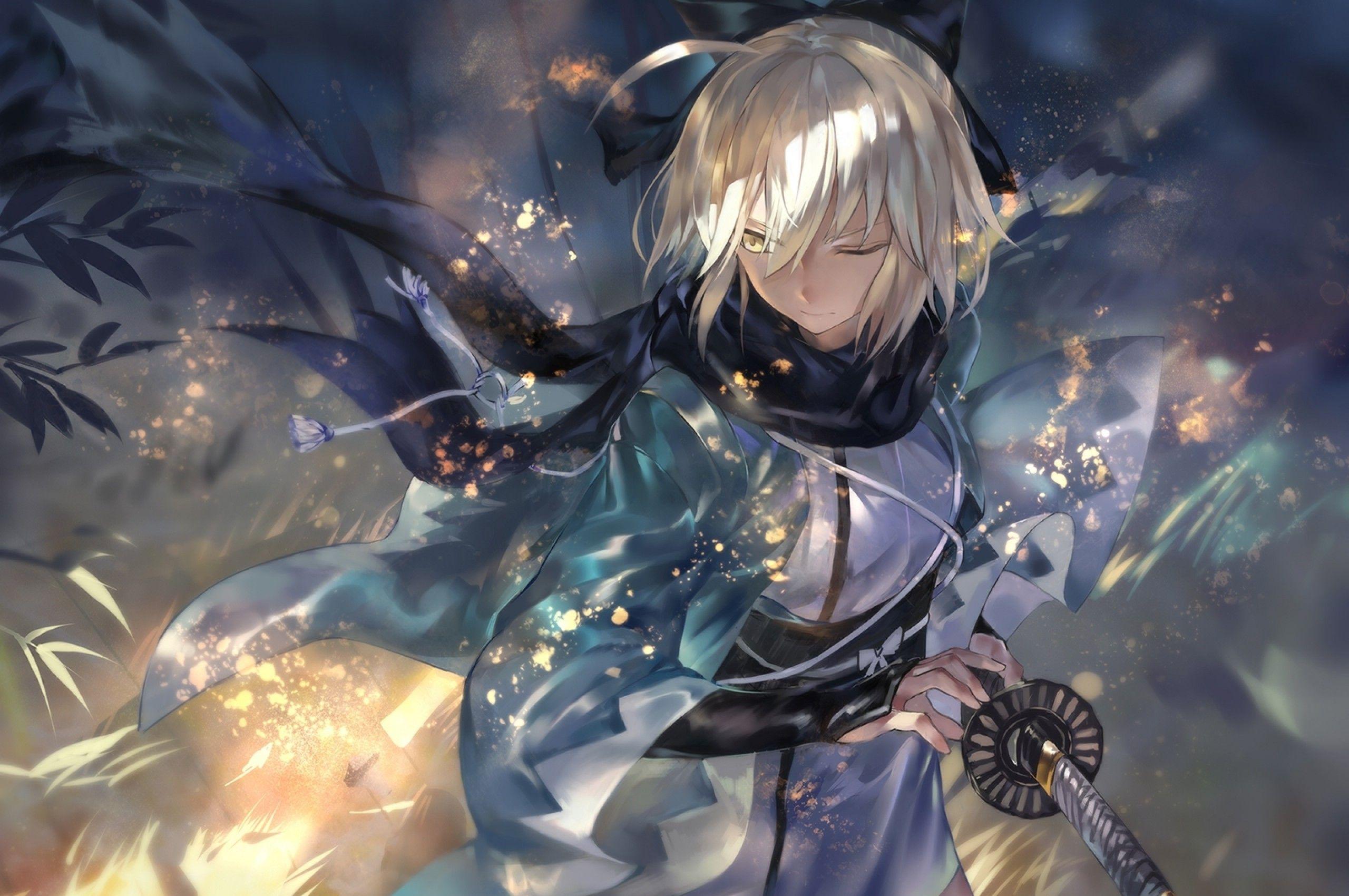 2560x1700 Download 2560x1700 Sakura Saber, Black Scarf, Wind, Katana, Blonde