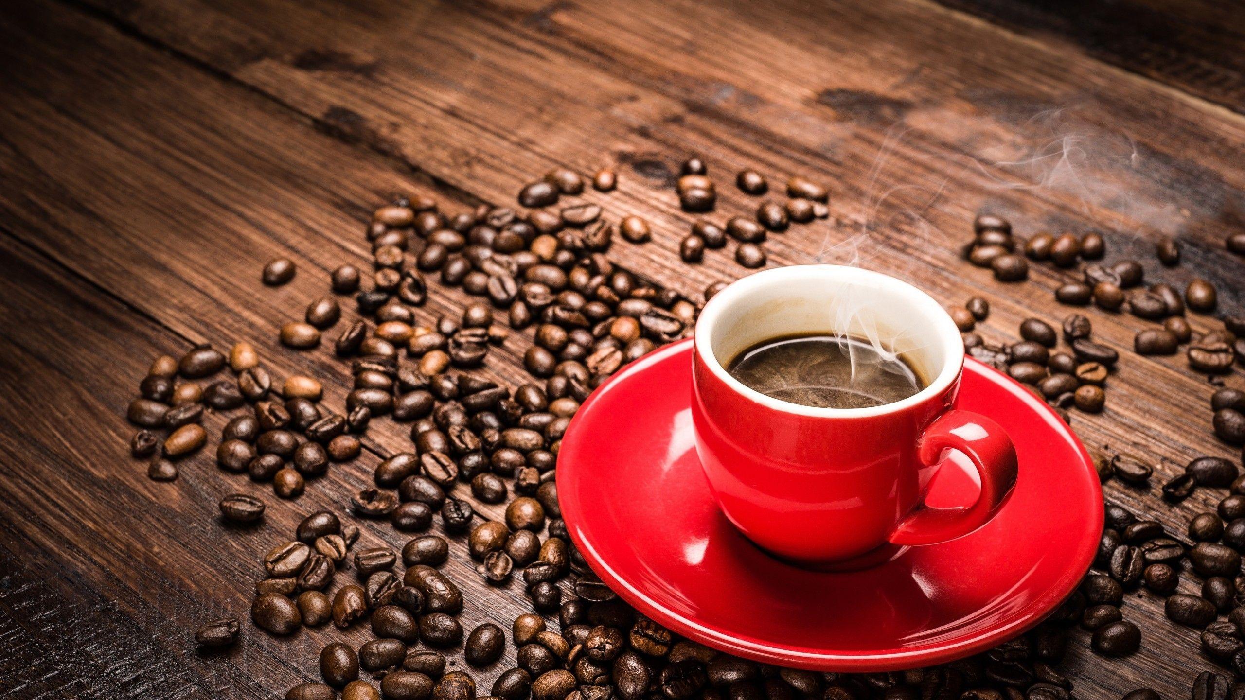 2560x1440 Red Coffee Cup and Coffee Beans desktop PC and Mac wallpaper