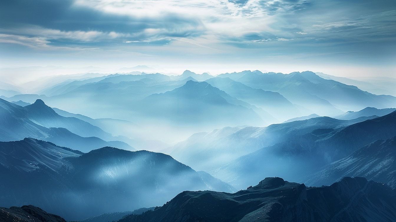 1344x753 Free picture: Cloudy blue sky with fog and with sunrays through clouds above mountain range