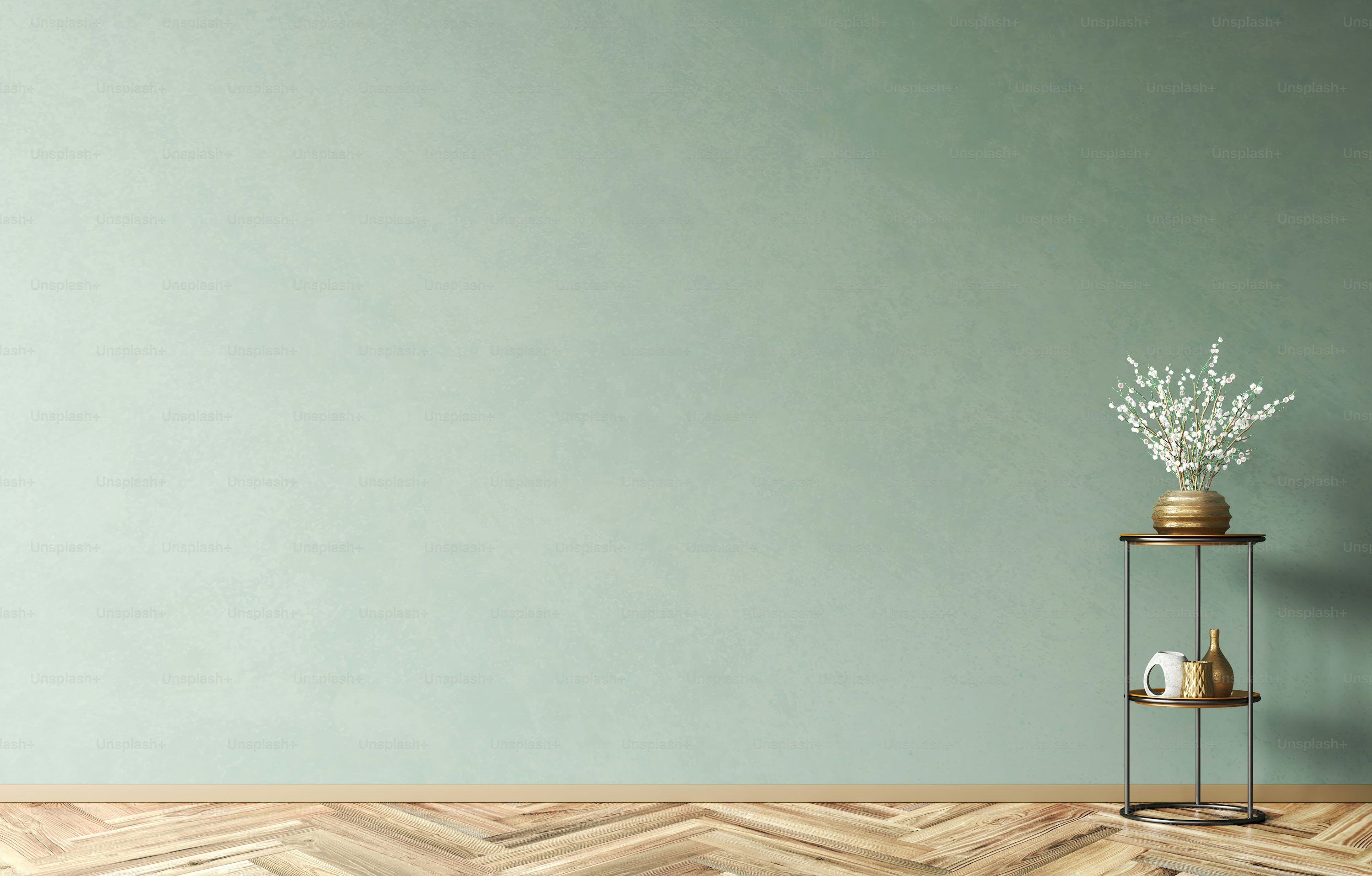 3000x1916 Empty room interior background, green mock up stucco wall with copy space and wooden floor, plant stand, vase with flower branch 3D rendering photo