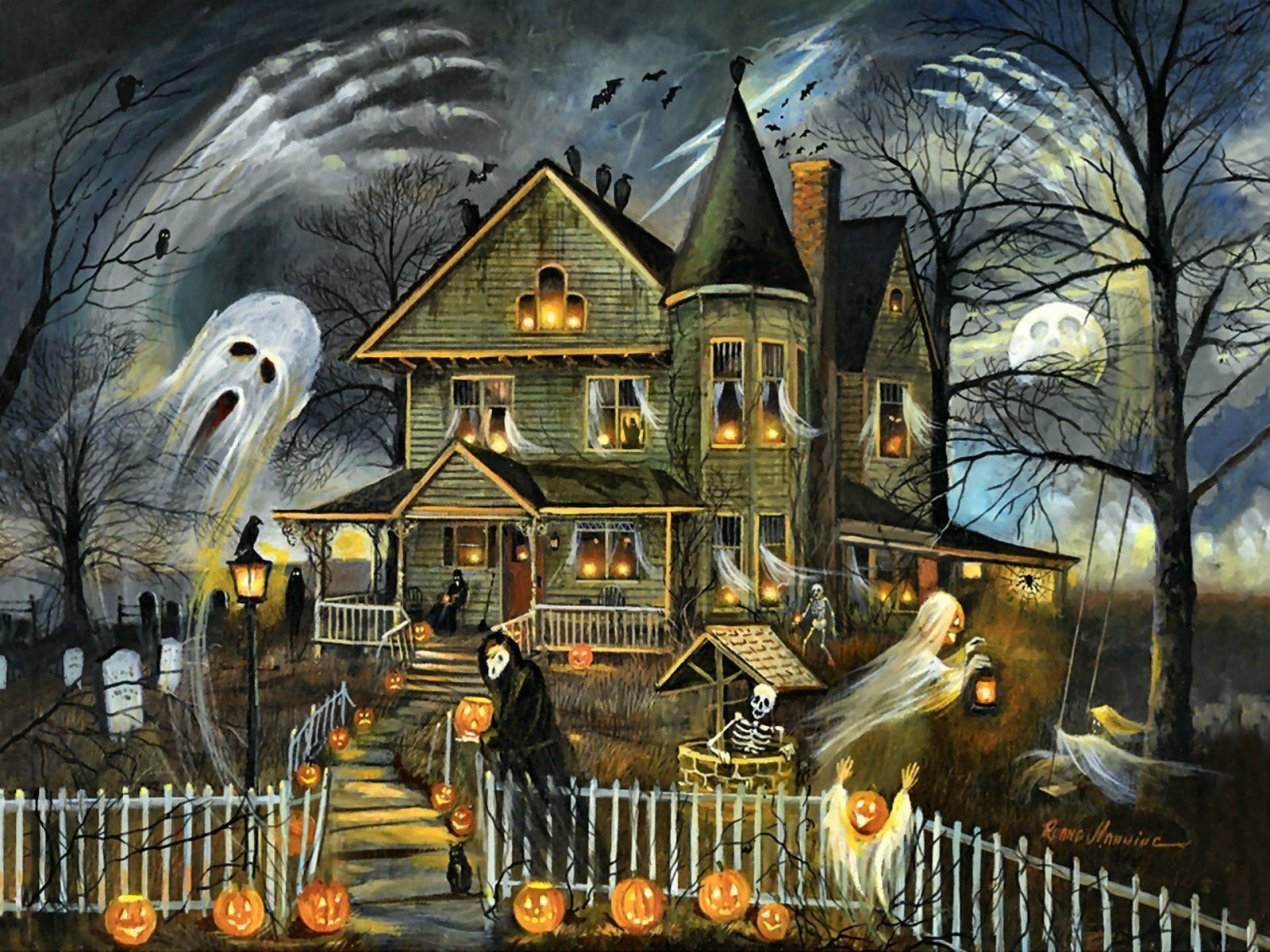1600x1200 Haunted Halloween Night: Jack O' Lanterns And Ghosts In The Graveyard HD Wallpaper