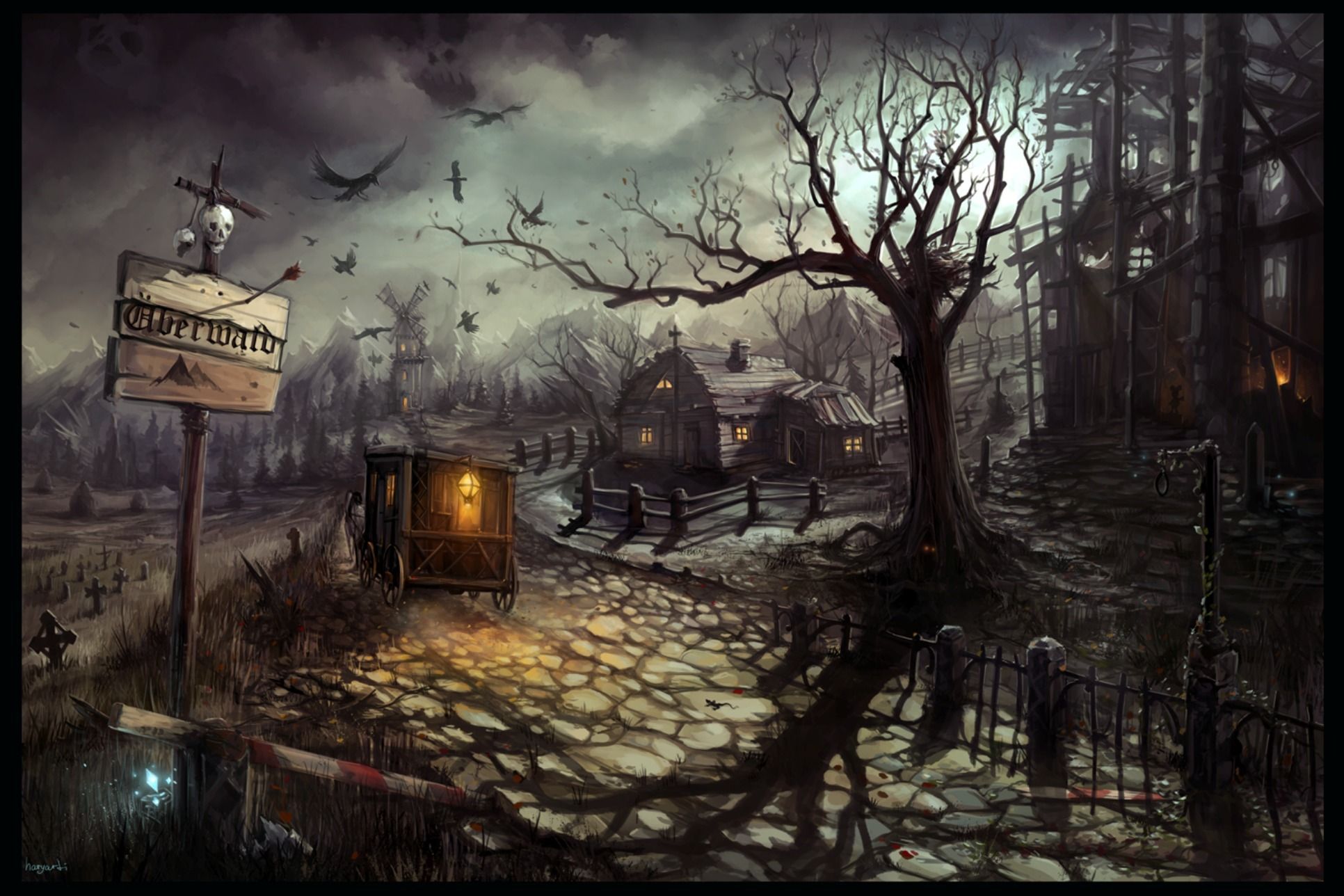 1932x1288 Phone wallpaper: Crow, Haunted, Creepy, Windmill, House, Dark, Night, Tree 245554