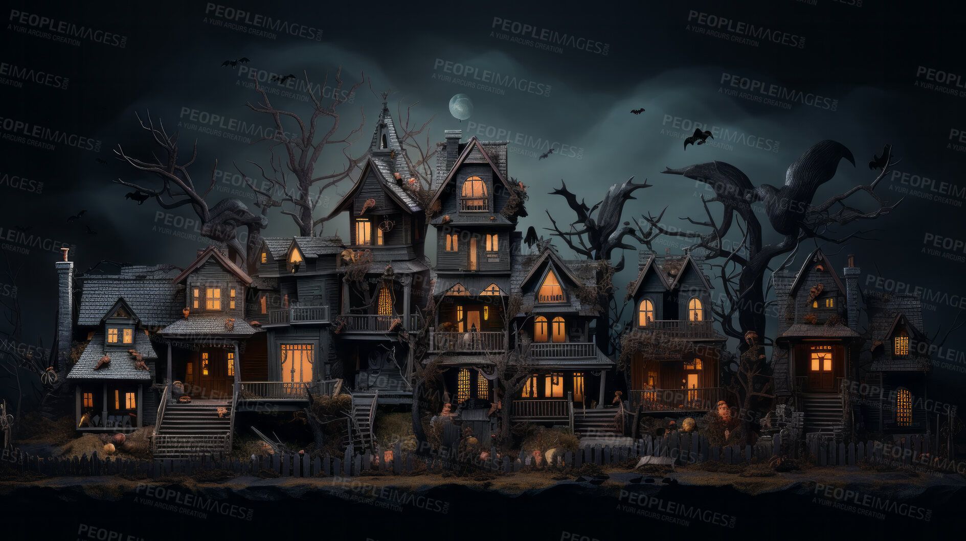 1889x1059 Spooky halloween haunted home or village wallpaper or background for celebration. Buy on PeopleImages, Picture And Royalty Free Image. Pic 2945438. Zoomed