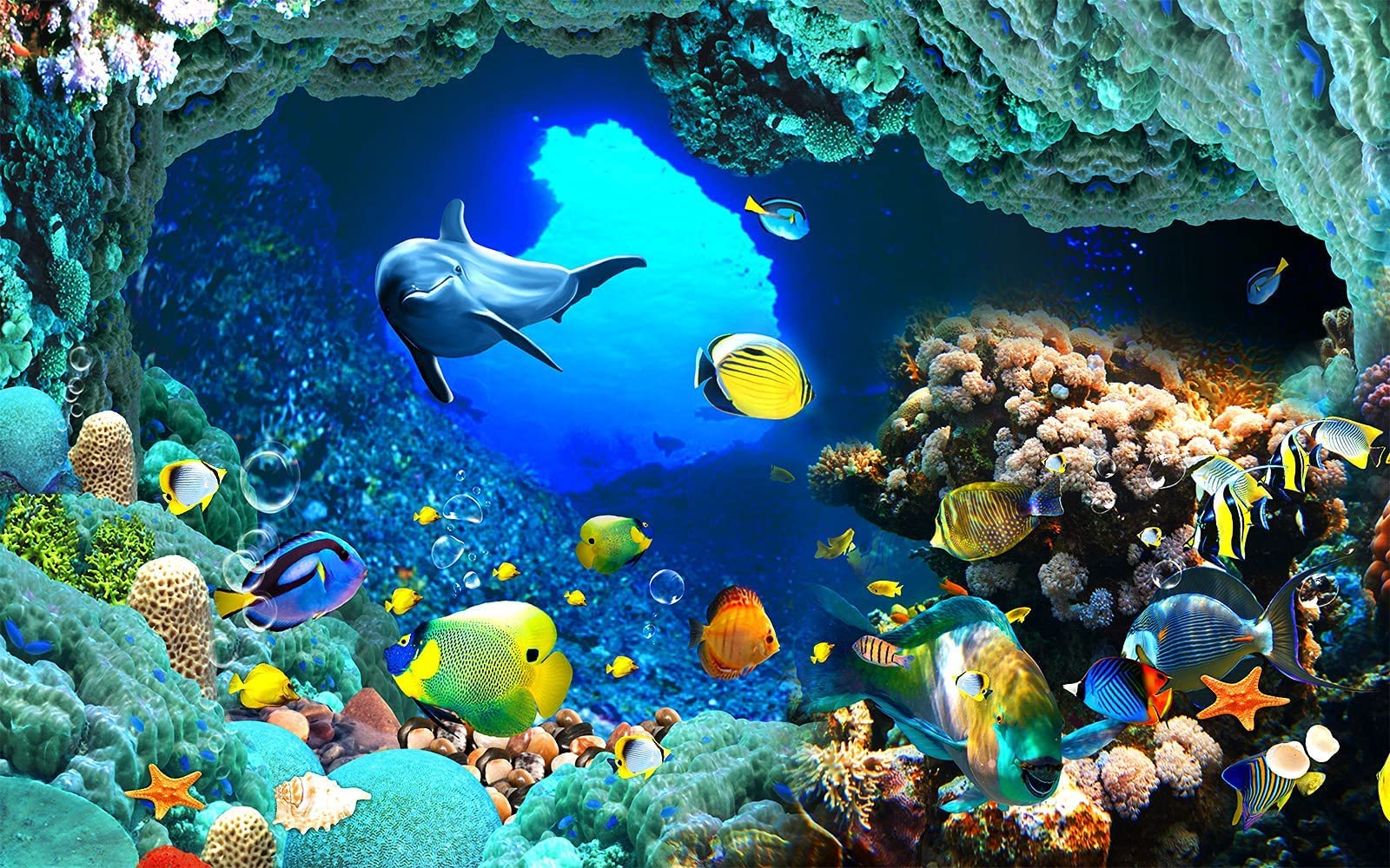 1600x1000 Reyhui Undersea World Wall Mural Ocean Fish Mural Wallpaper Wall Decor For Living Room Bedroom Dining Room(Not Self Adhesive)