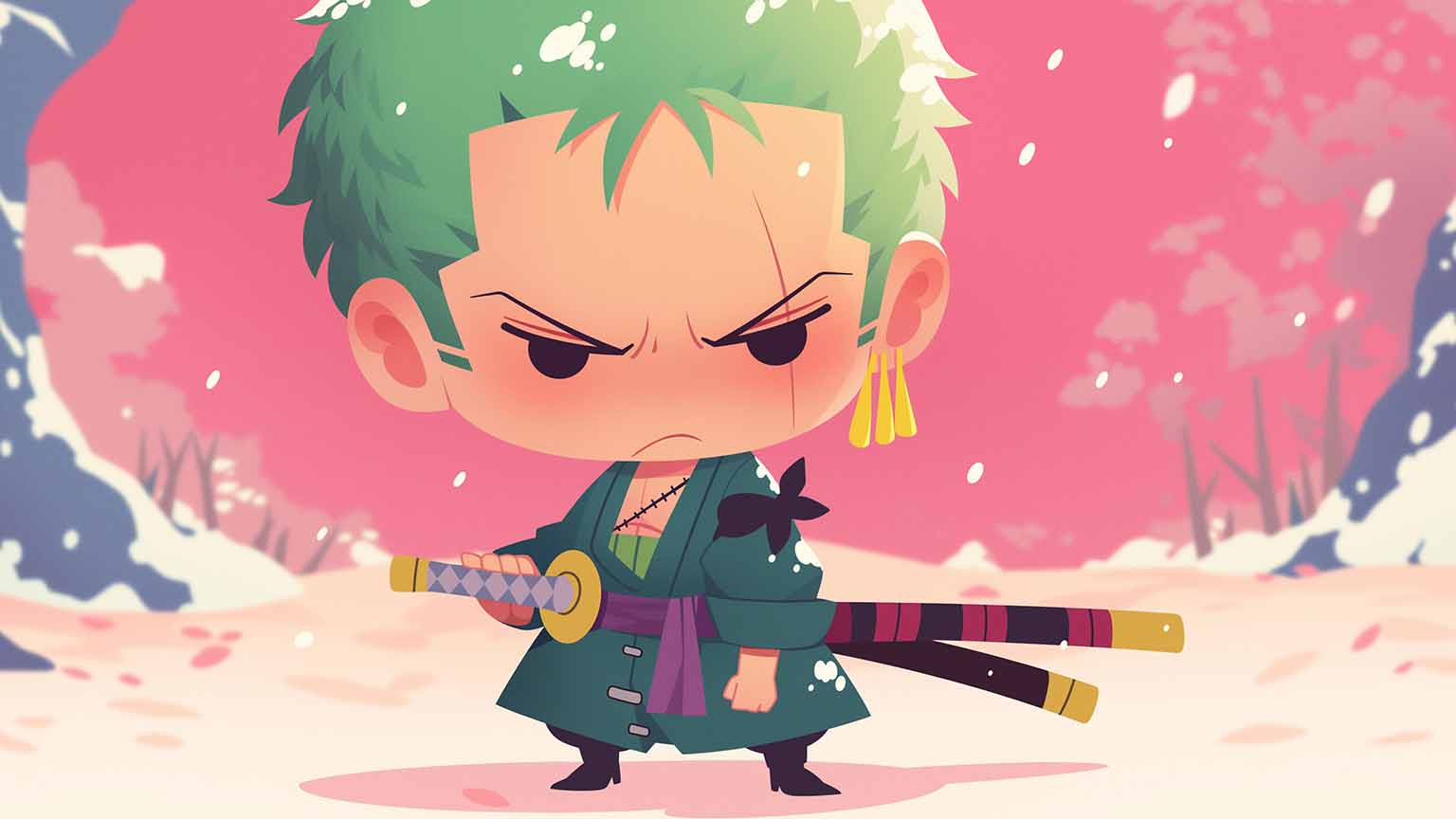 1536x864 Free One Piece Zoro Chibi Winter Quest Desktop Wallpaper
