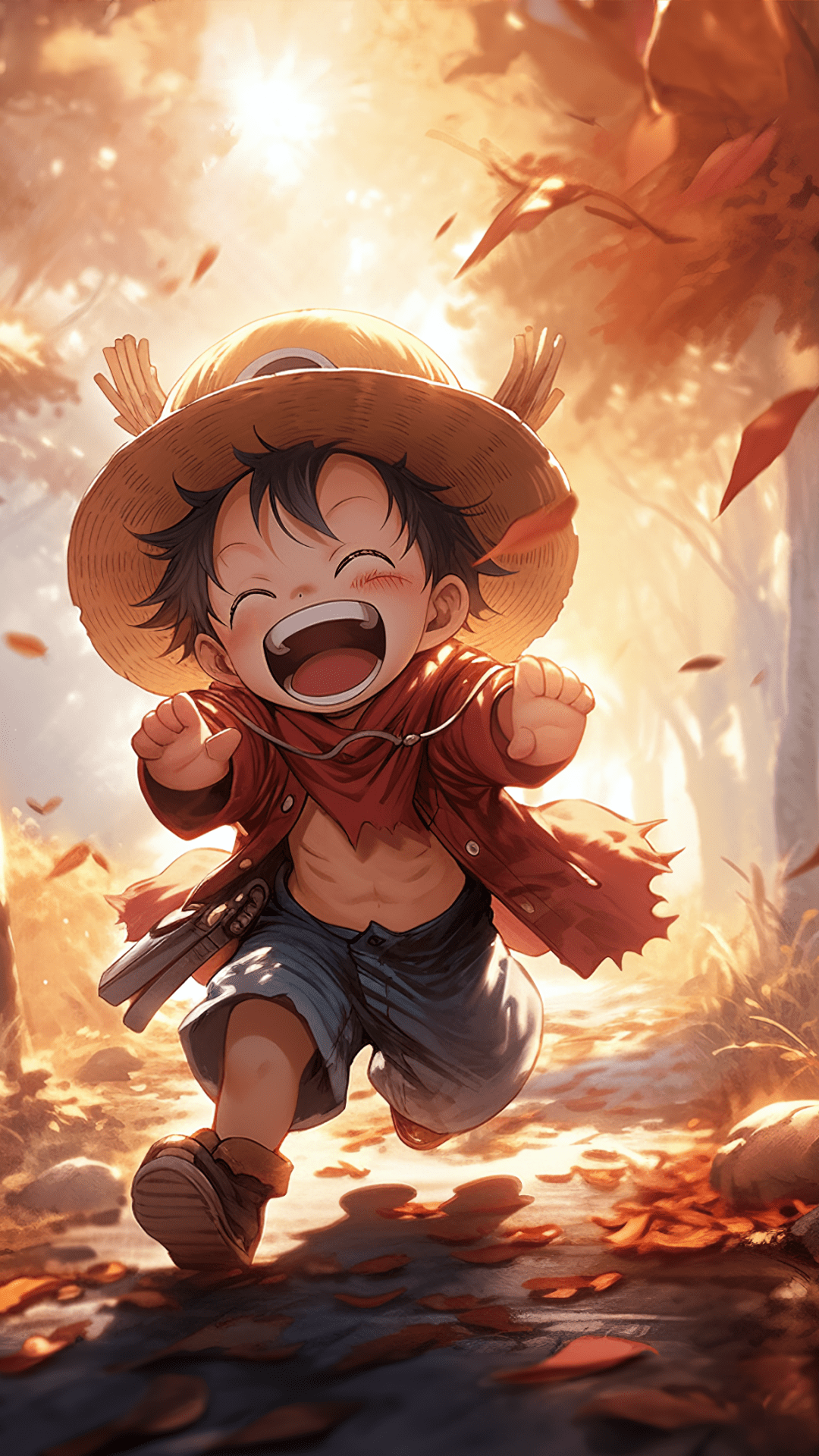 1080x1920 Chibi Luffy Wallpaper 4K, One Piece, Autumn Forest, AI art