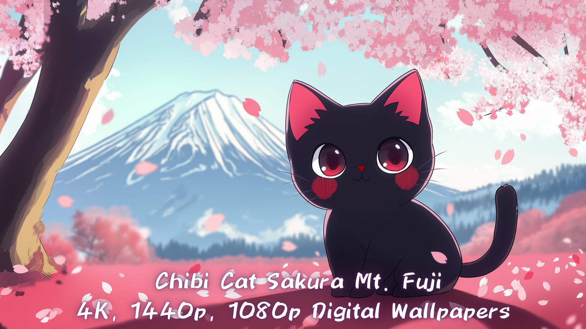 1920x1080 Chibi Cat, Sakura, Mt. Fuji, Digital Wallpaper, Japanese, Japan, 4K, 1440p, 1080p