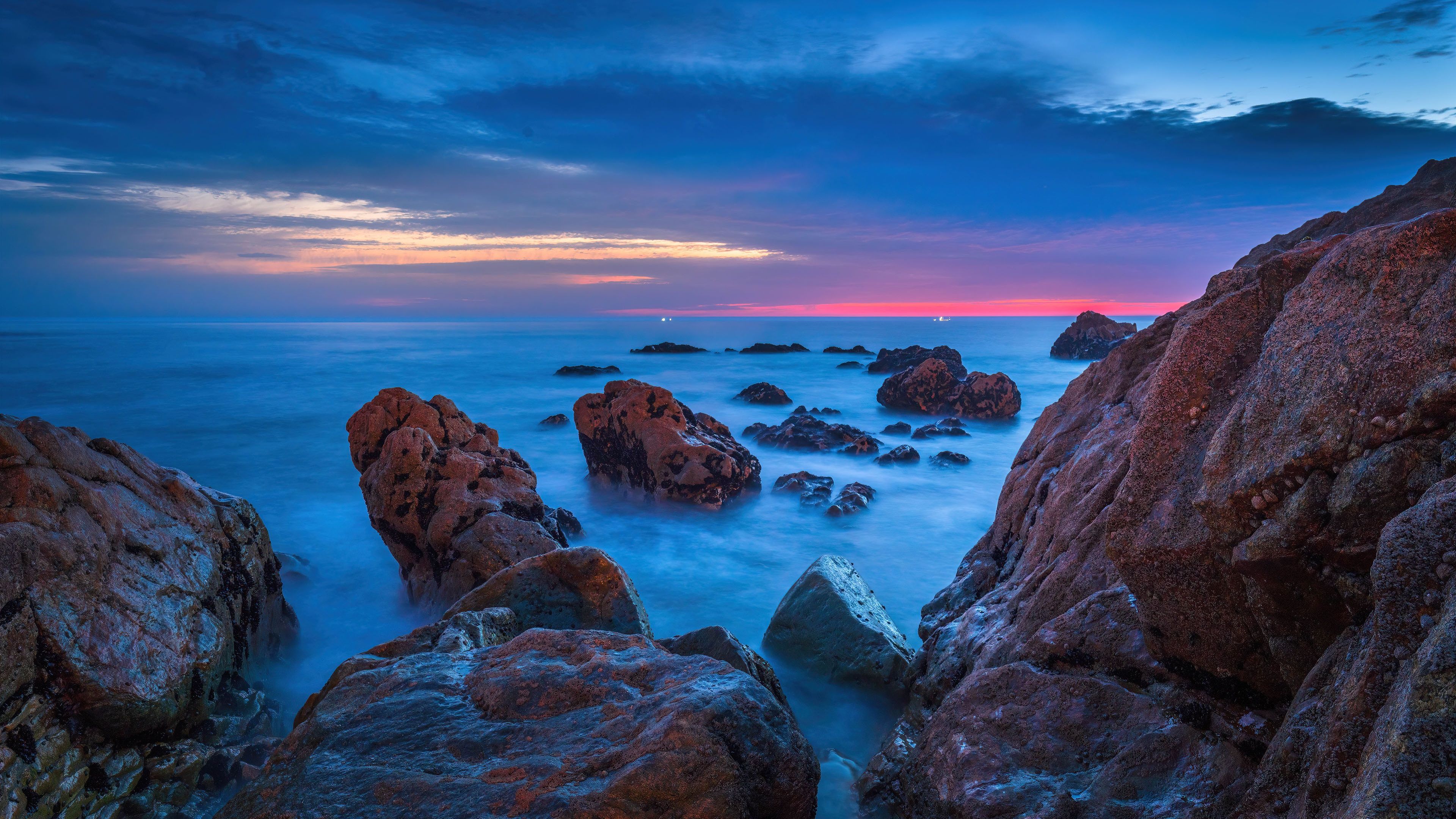 3840x2160 Rocky shore Wallpaper 4K, Beach, Dusk, Ocean, Sunset