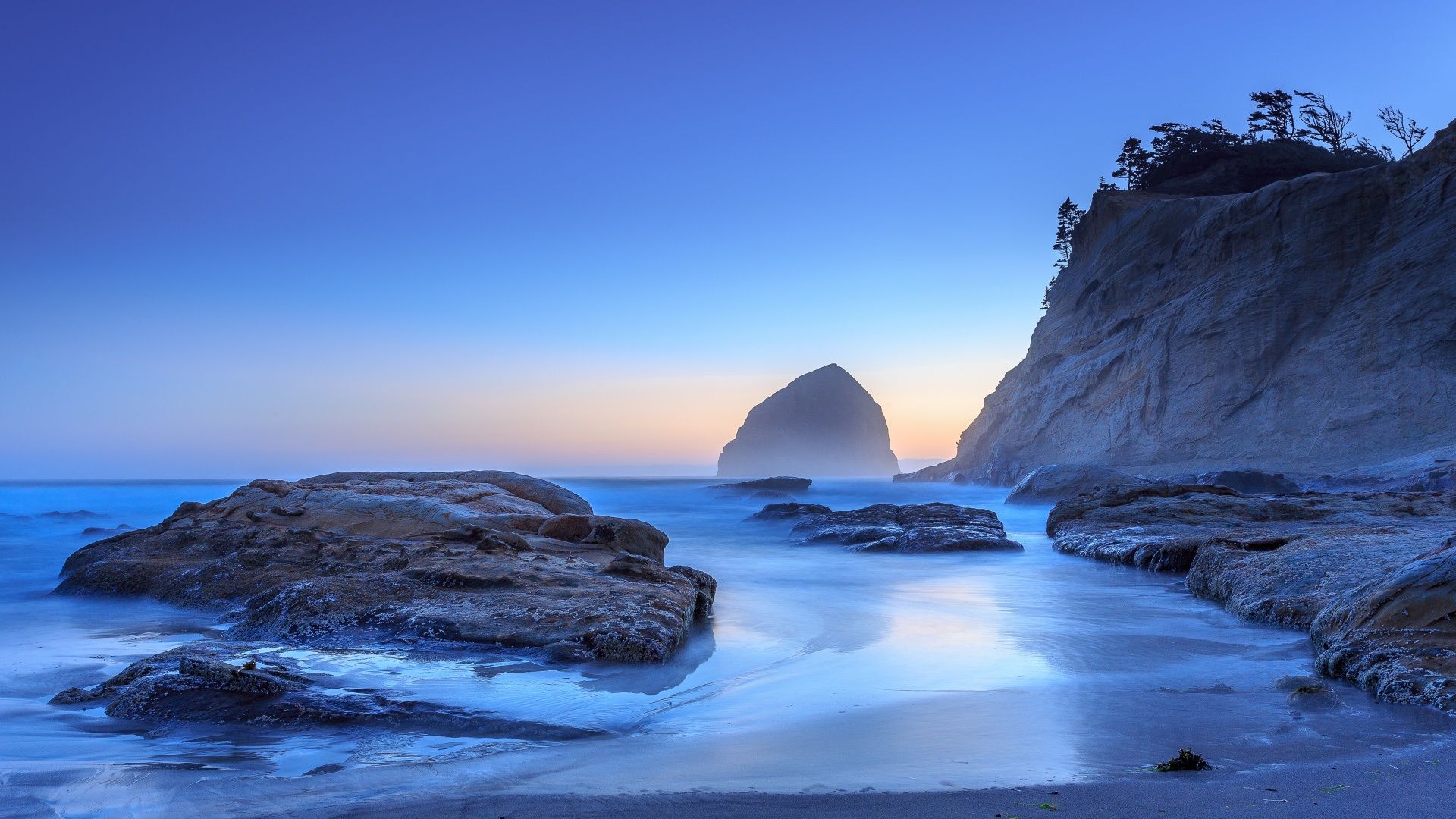 1920x1080 Haystack Rock Wallpaper 4K, Sunset, Oregon, Rocky coast
