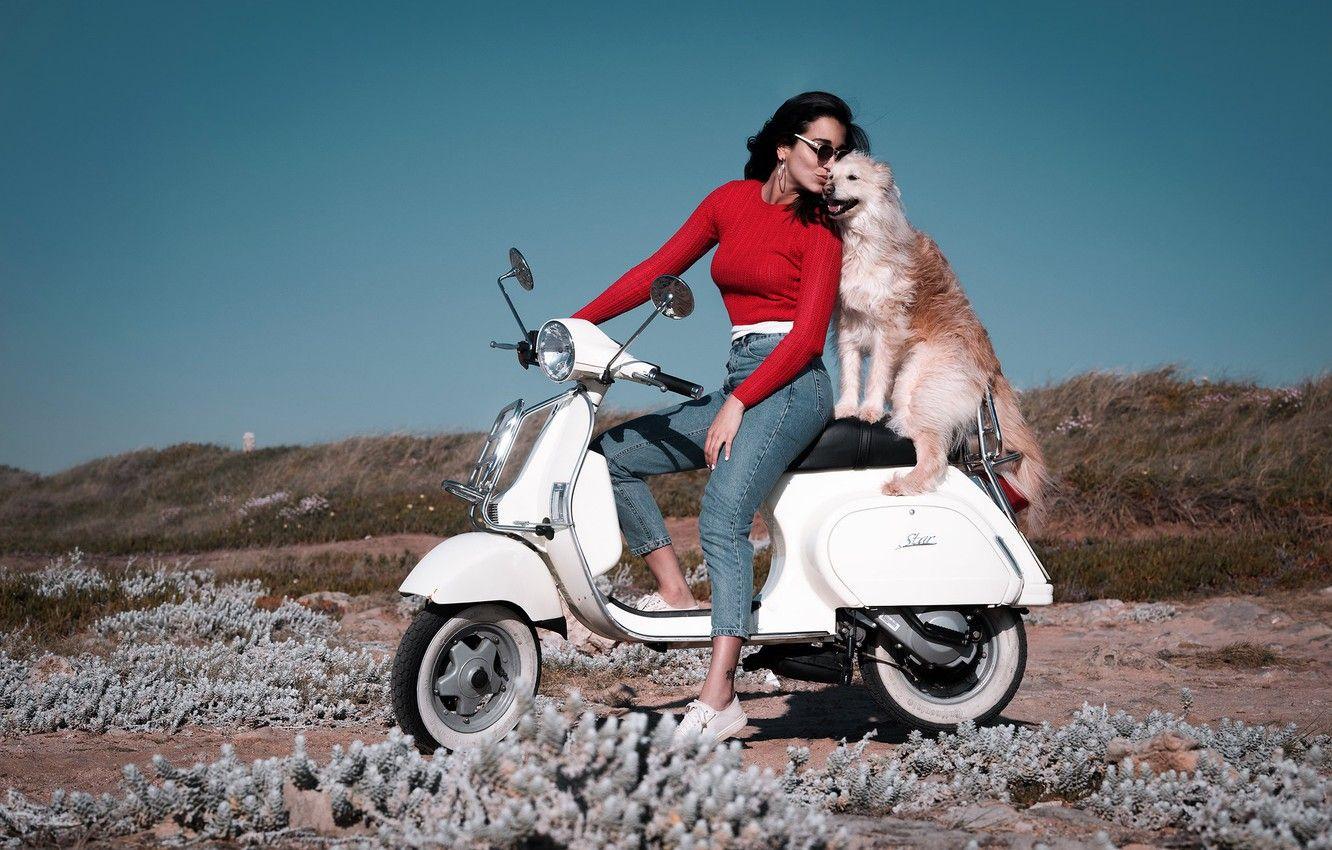 1332x850 Wallpaper girl, mood, coast, dog, jeans, friends, scooter, scooter image for desktop, section настроения