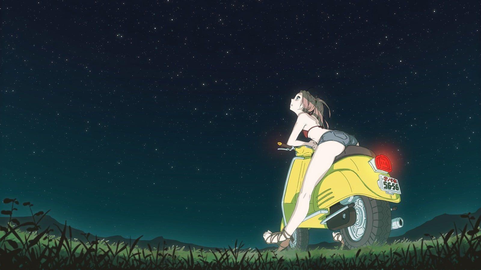1600x900 Female character riding on yellow motor scooter digital wallpaper