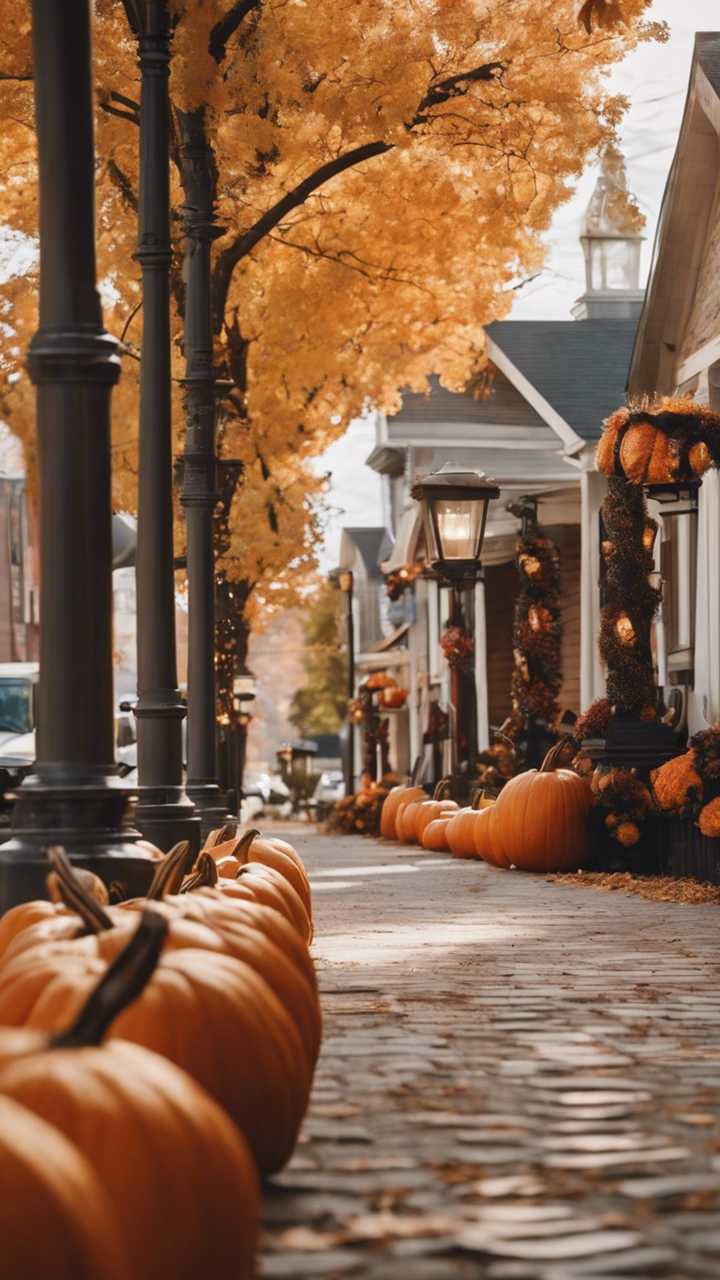 720x1280 A small town street decorated in fall aesthetic with pumpkins, hay bales, and lanterns. Wallpaper [5730f1eca5674adb9d3D]