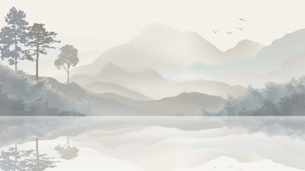 1244x700 Peaceful Landscape Wallpaper Mural. Misty Forest Reflects on a Calm Lake