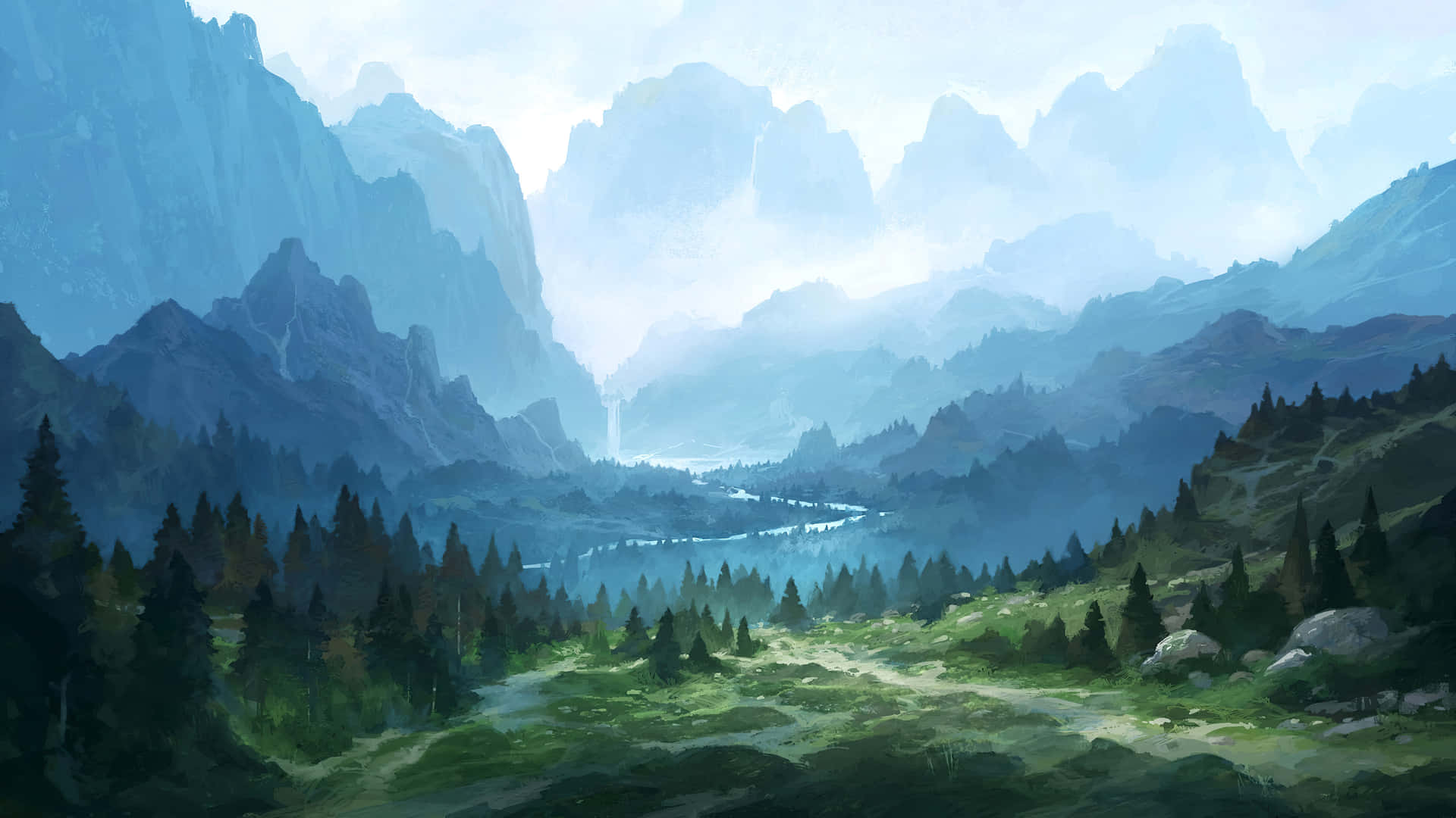 1920x1080 Download Misty Mountain Landscape Digital Art Wallpaper