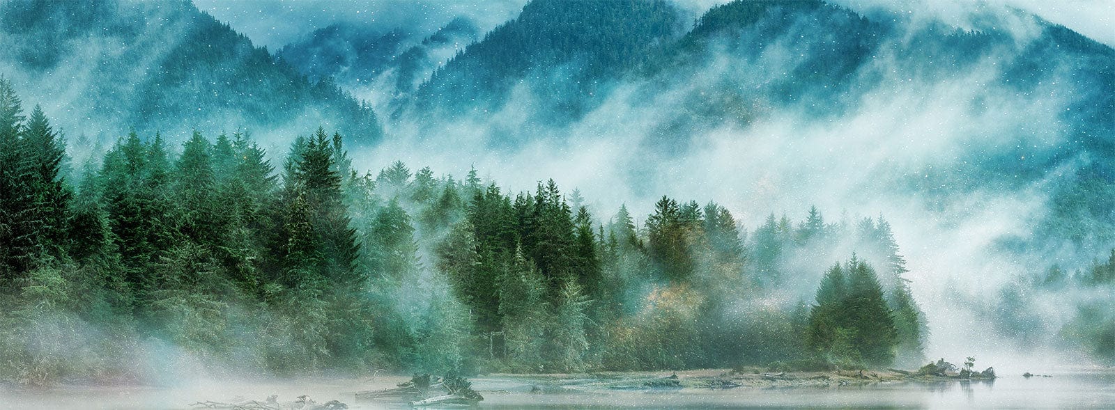 1600x589 Serene Misty Mountain Scenic Landscape Mural Wallpaper in Tranquil Blue Green