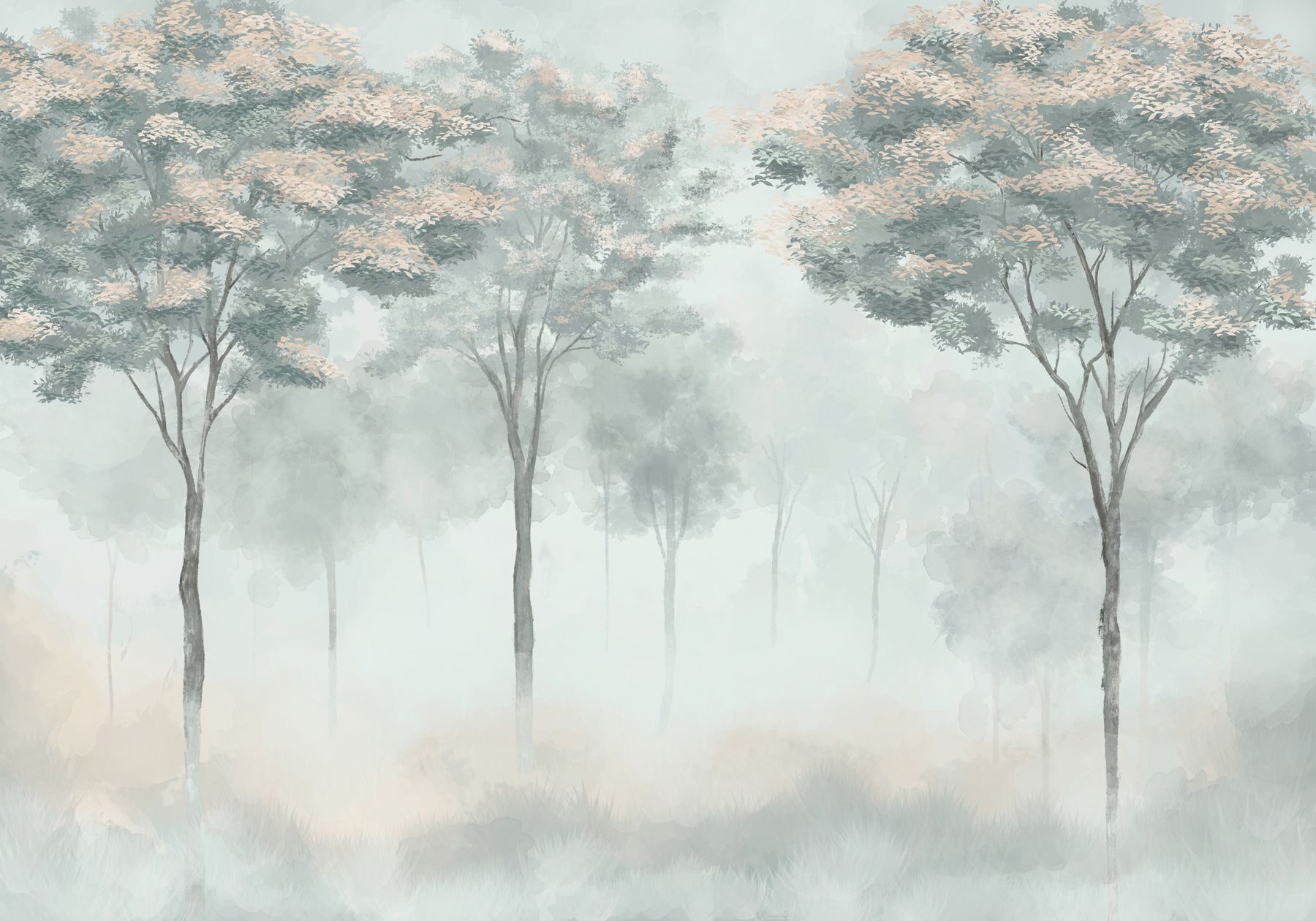 1800x1260 Wall Mural Misty Forest Silhouette in Green, Light Gray and Beige Colors, Wall Murals Nature, w01599 :