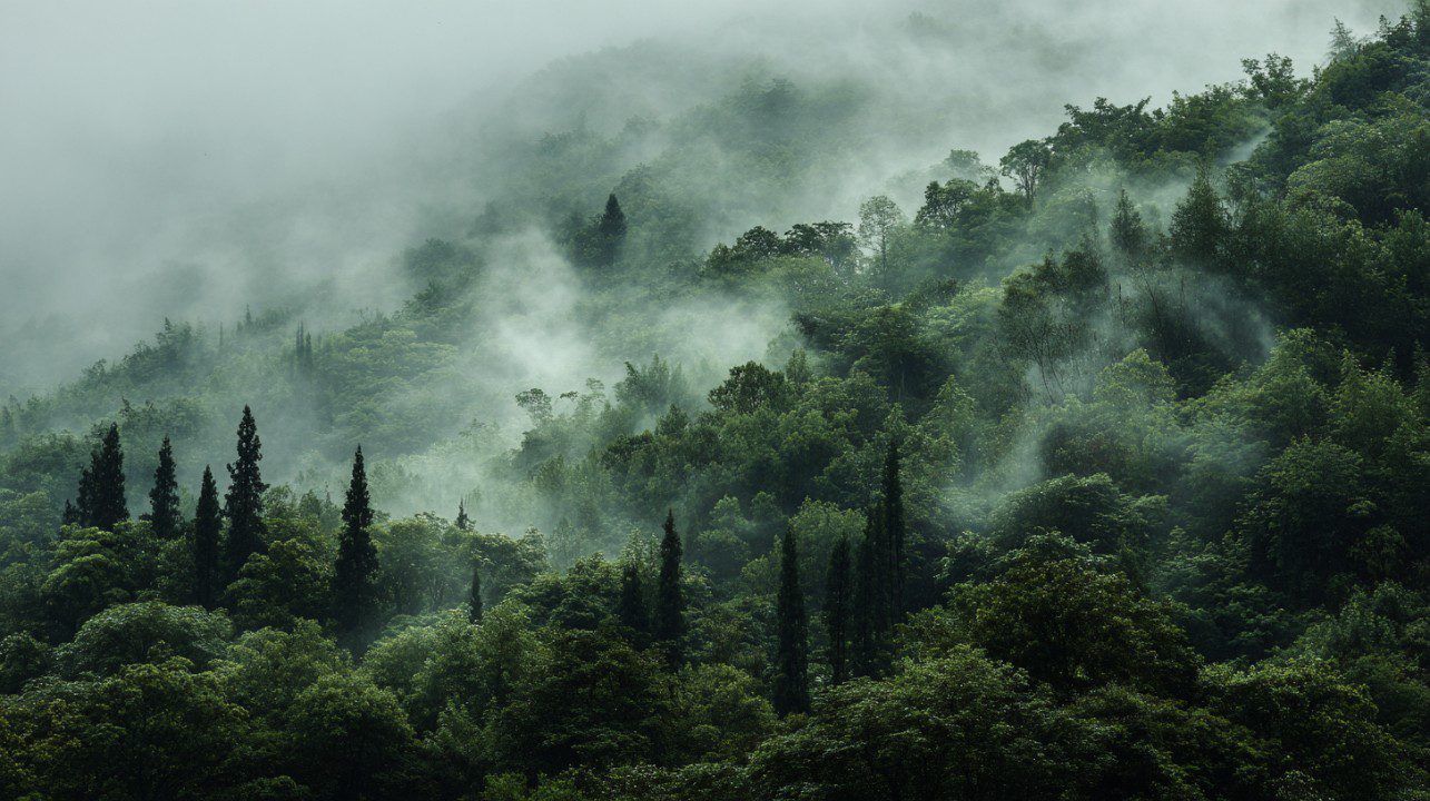 1285x720 Misty Morning in a Lush Forested Mountain