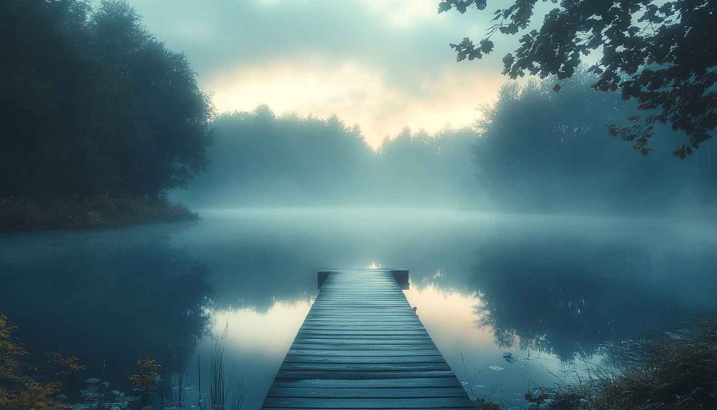 1456x832 Misty Lake Wallpaper: Nature, Serene, Dock, Scenic, Landscape, 4K