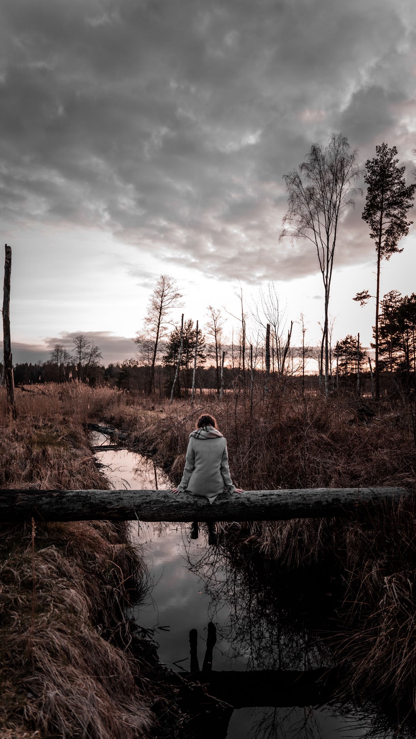 1350x2400 Download wallpaper 1350x2400 human, alone, sad, log, stream, nature iphone 8+/7+/6s+/for parallax HD background