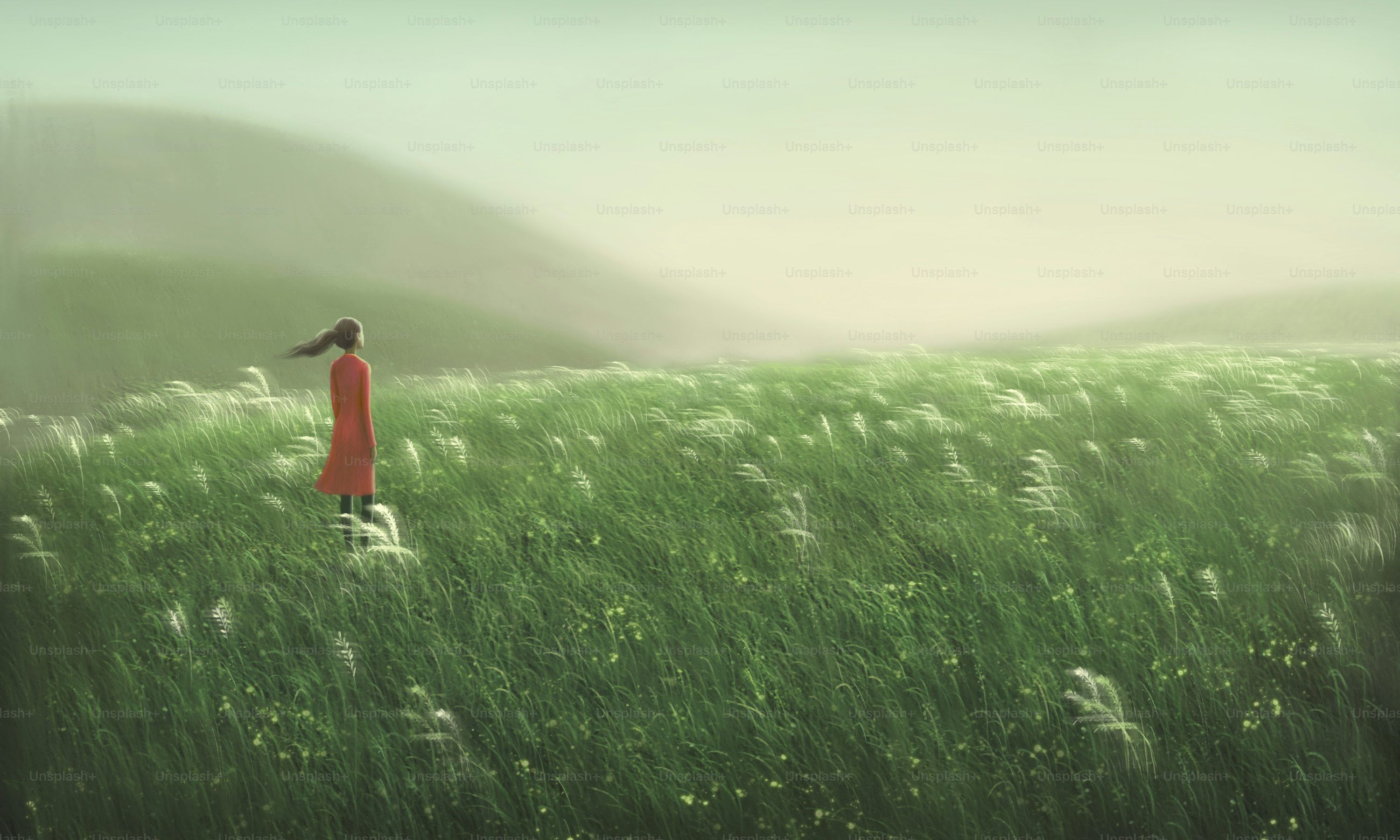 3000x1800 Woman alone with the field. Surreal painting hope lonely and loneliness concept. nature landscape art photo