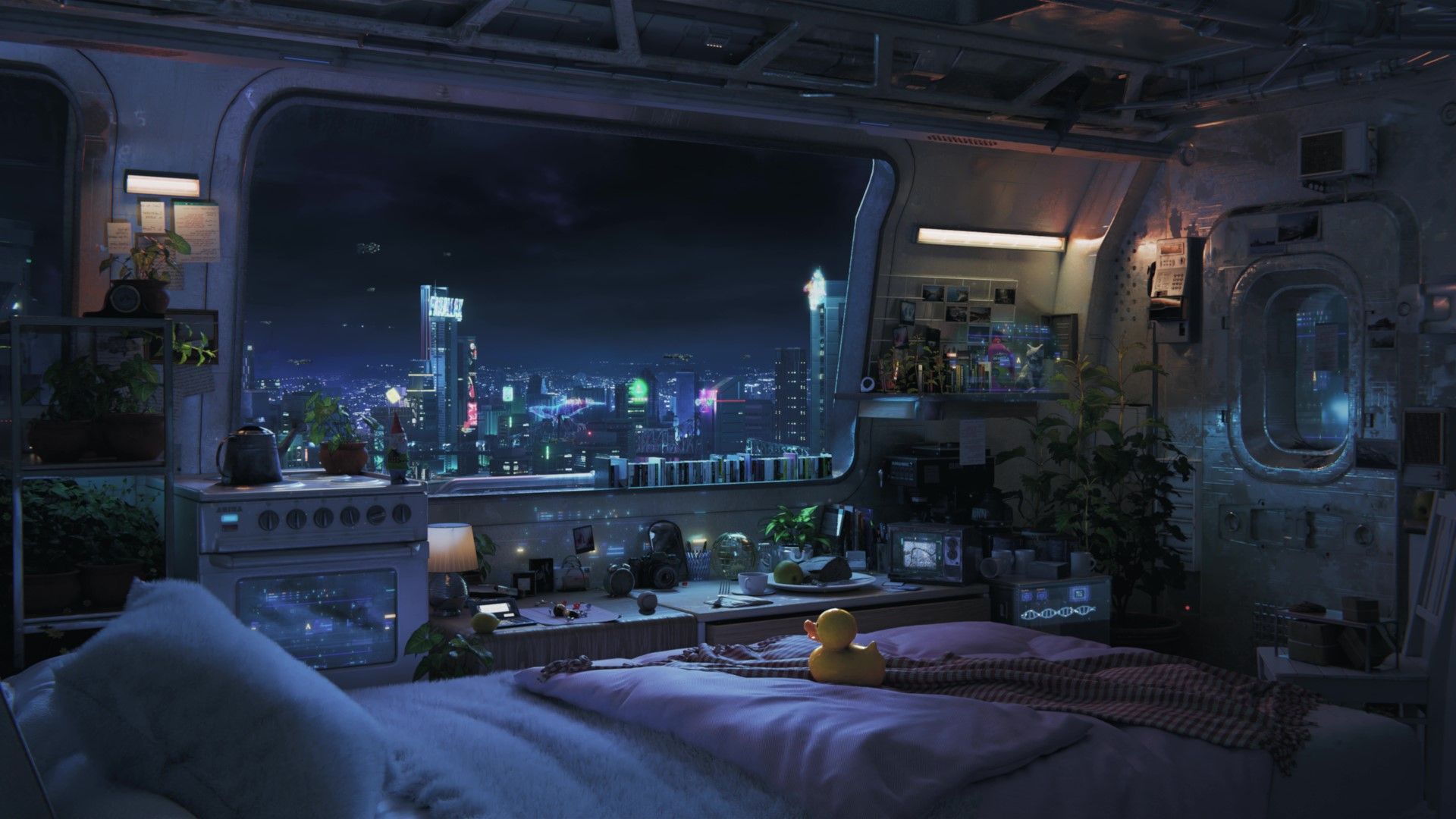 1920x1080 Bedroom Dystopian Cyberpunk City Live Wallpaper