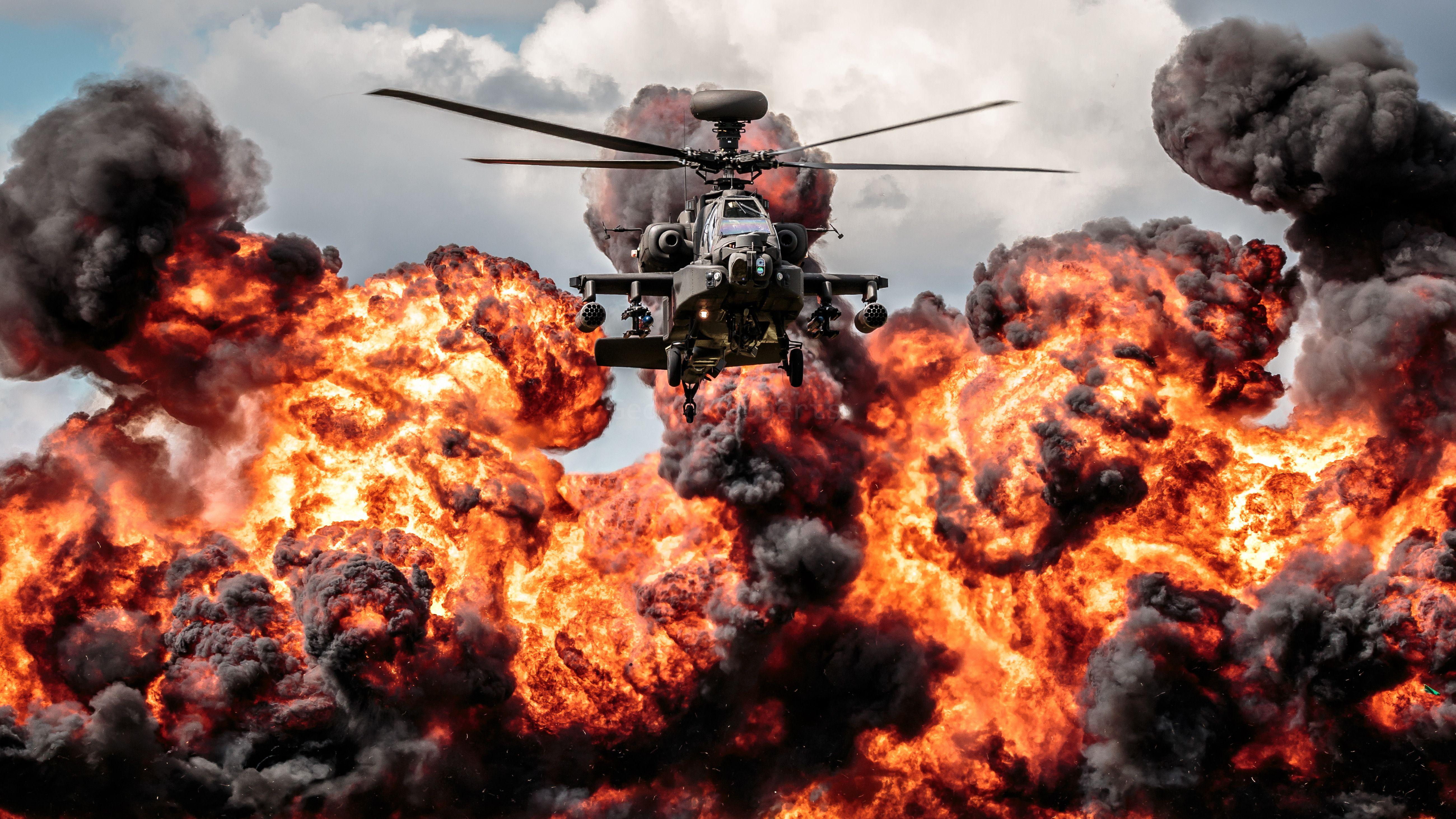 5200x2925 Helicopter Apache Explosion Fire HD Desktop Wallpaper 5200x2925