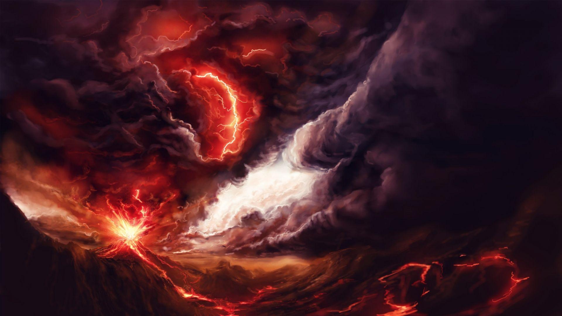1920x1080 art, Volcano, Explosion, Fire, Smoke, Mountains, Lightning, Storm