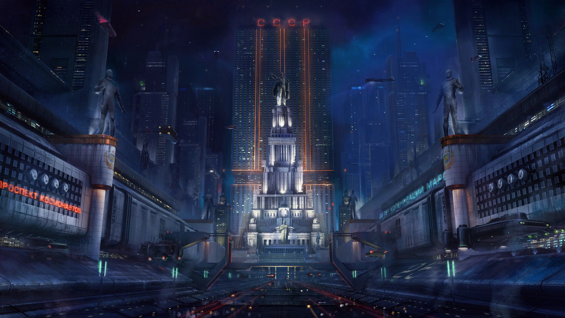 1920x1080 Futuristic Communist Skyscraper: Nightscape Of A Sci Fi Cityscape HD Wallpaper By Artem Shashkin