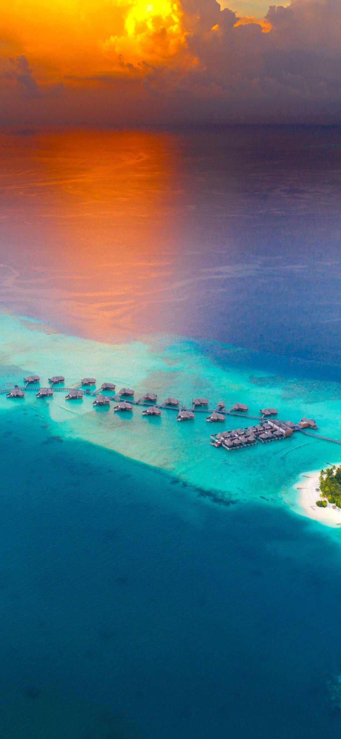 1125x2436 Sunset, Aerial View, Tropical Island, Resort, Huts