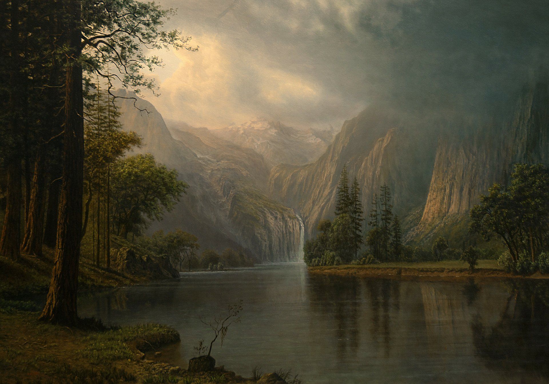 1920x1343 Download Oil Painting Mountain River Artistic Landscape HD Wallpaper