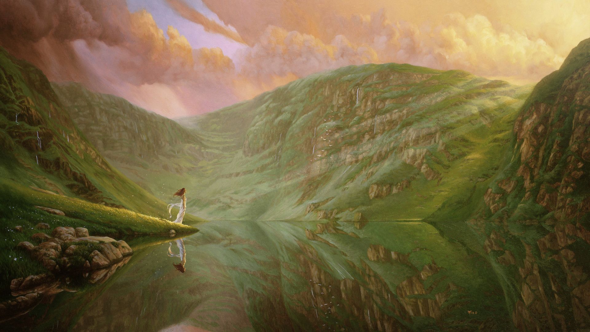 1920x1080 Download Oil Painting Landscape Fantasy Lake Fantasy Landscape HD Wallpaper