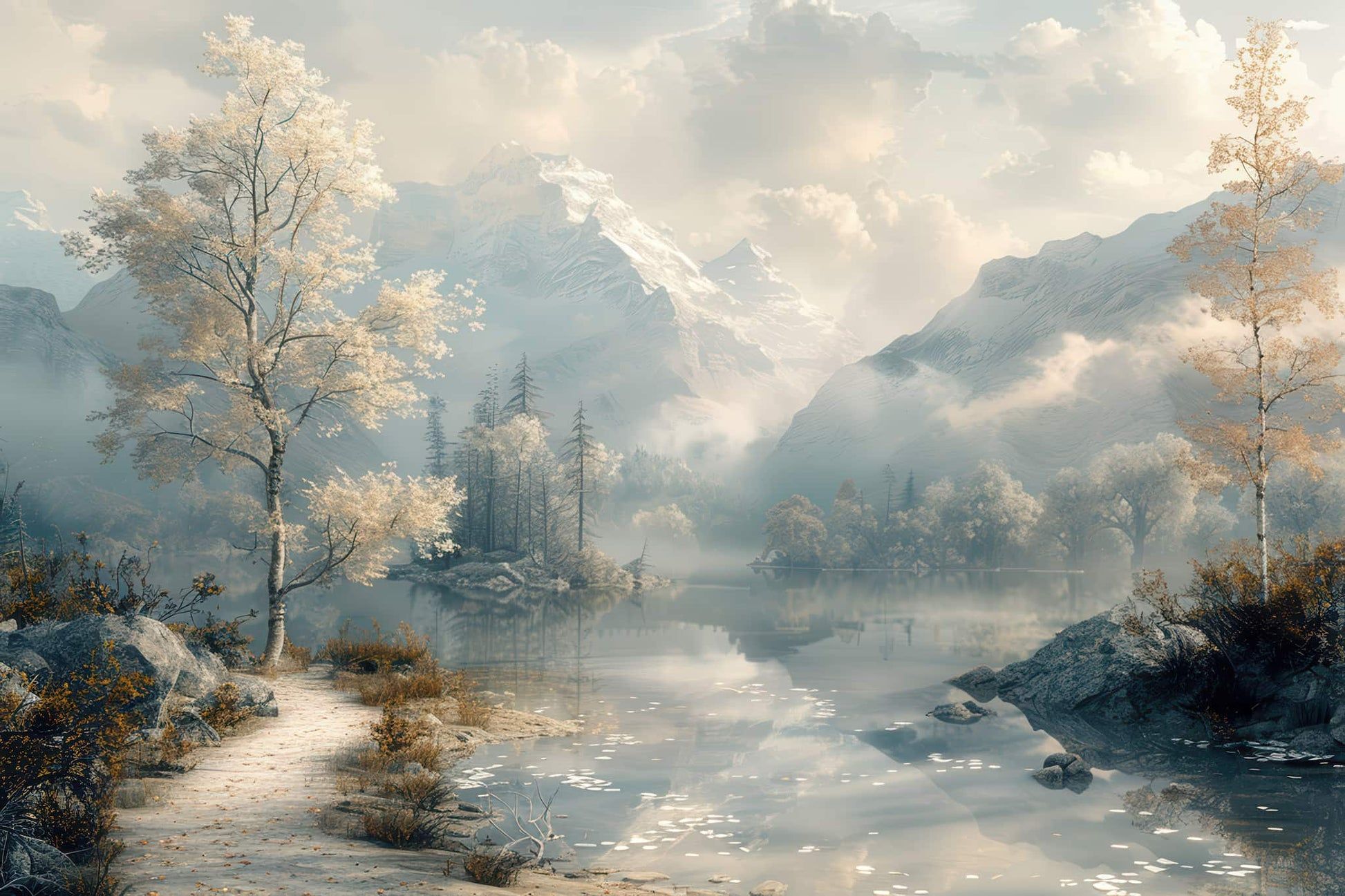 1946x1297 Vintage Forest And Mountain Wall Decal, Oil Painting Decal