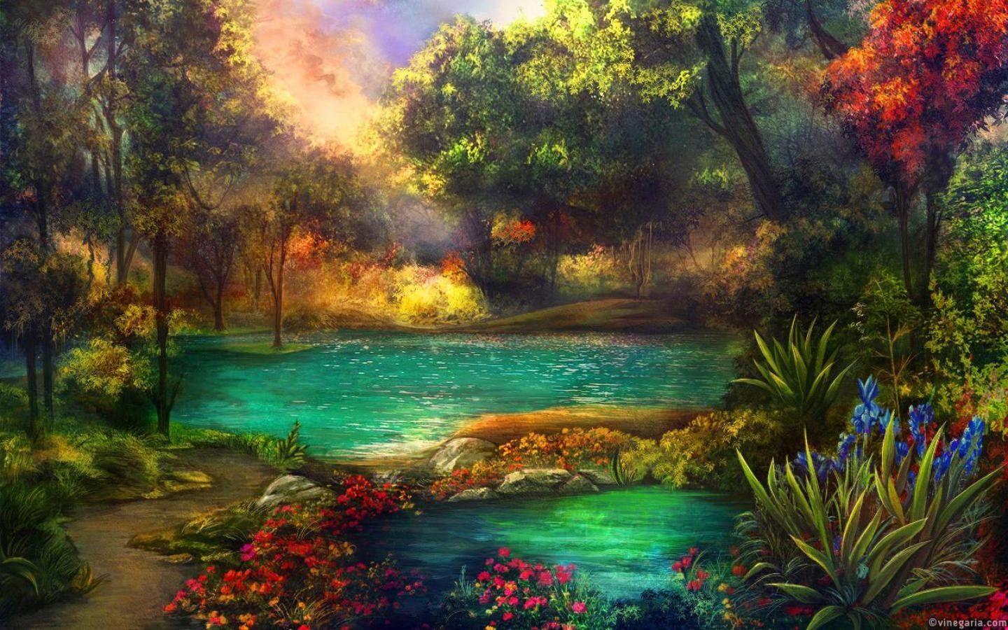 1440x900 art, Oil, Painting, Beauty, Landscape, Lake, Flower Wallpaper HD / Desktop and Mobile Background