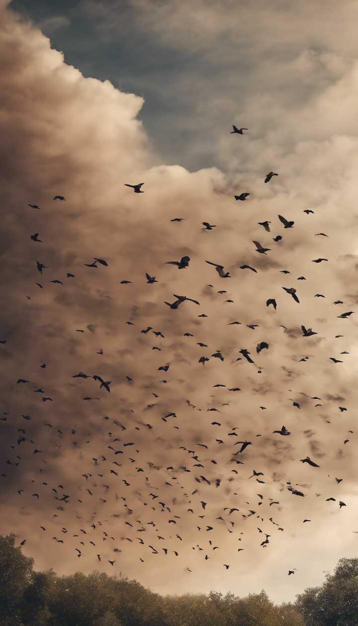 720x1260 A flock of birds soaring in a sky filled with swirling brown clouds, just before a storm. Wallpaper [4f4c03b0aa0a4faab9b0]