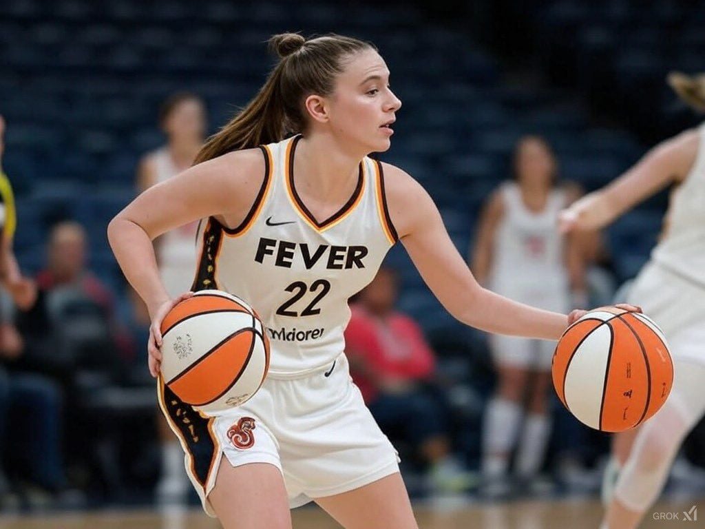1024x768 I asked Grok to show me a drawing of Sophie Cunningham wearing a Fever jersey while dribbling a basketball. I'm weak
