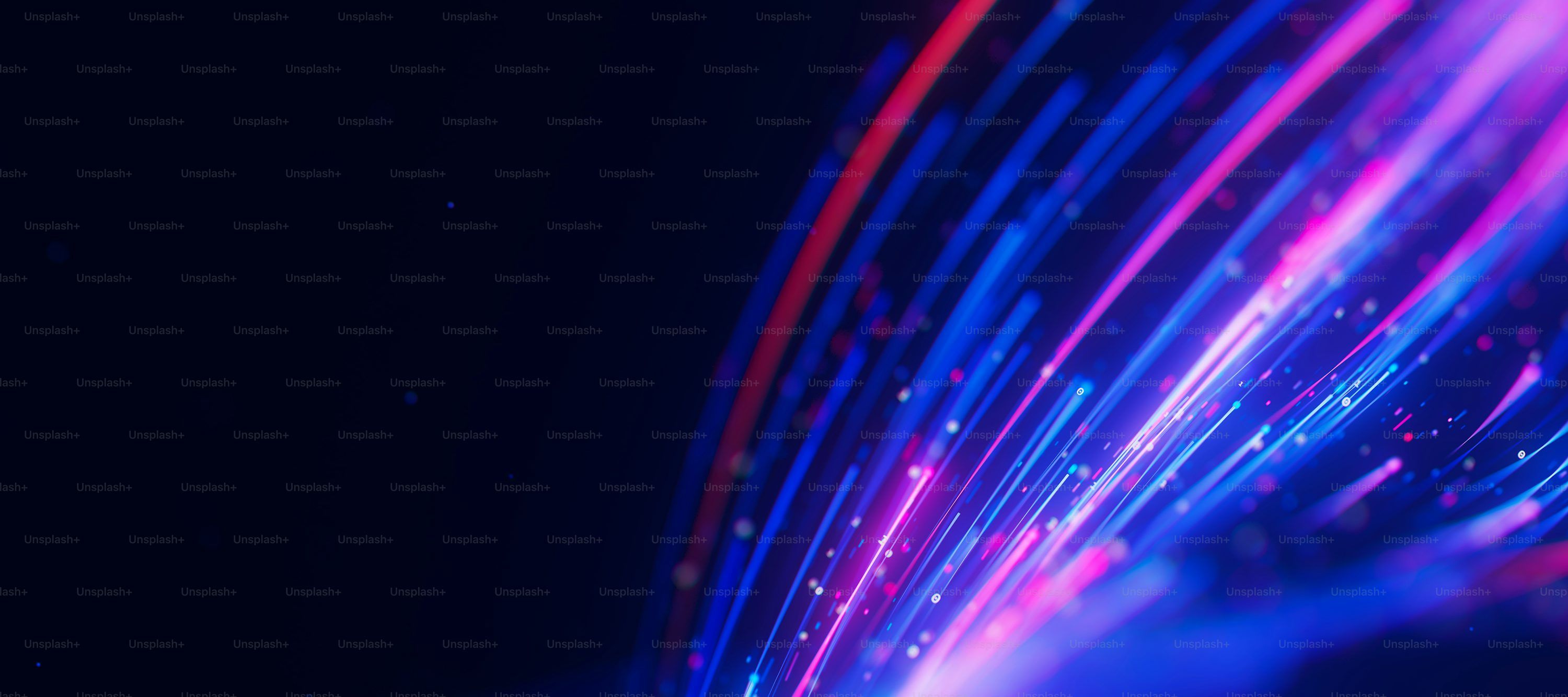 3000x1333 Closeup of bigdata light speed trails flow. Abstract digital data stream of quantum computing. Cyberspace of qubit trails. Modern tech information transmission photo