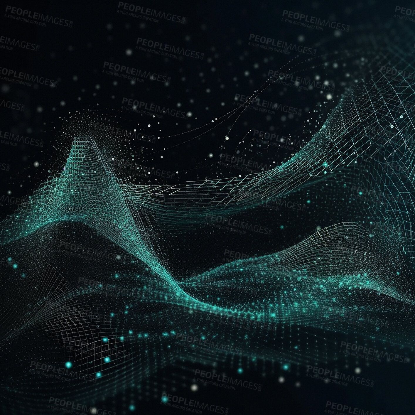 1414x1414 Data, internet and futuristic background wave, with blue connection, abstract and technology illustration for big data, AI or a network or stream of communication, science or music. Blockchain, cloud computing and digital
