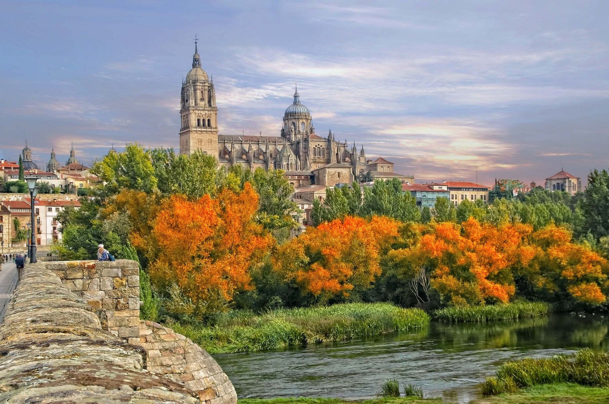 2048x1359 Wallpaper autumn, trees, bridge, river, Cathedral, Spain, the parapet, Spain for mobile and desktop, section город, resolution 2048x1359
