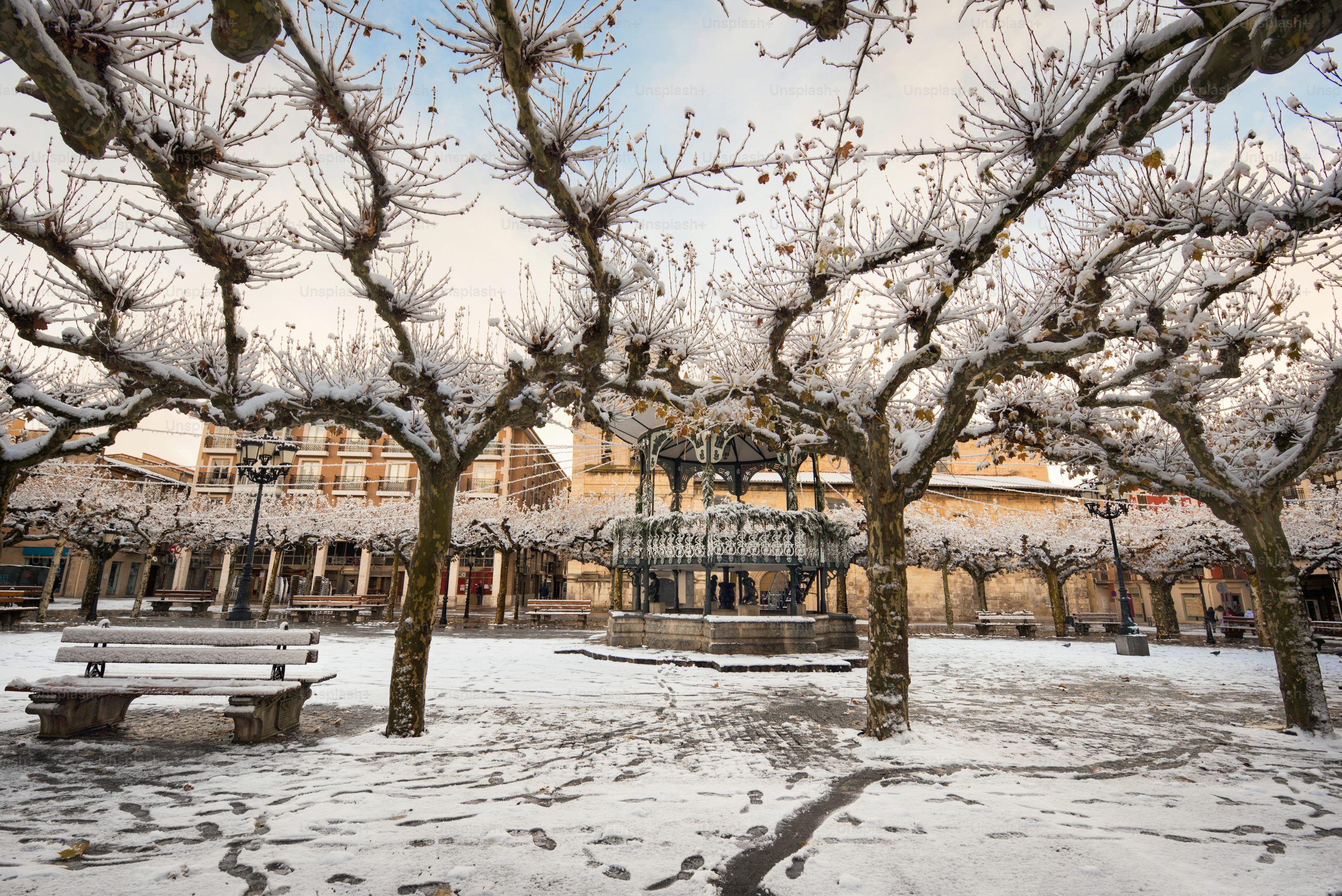 3000x2003 Winter scene of a snowed cityscape landscape of the ancient village of Briviesca in Burgos Province, Castilla y Leon, Spain. photo