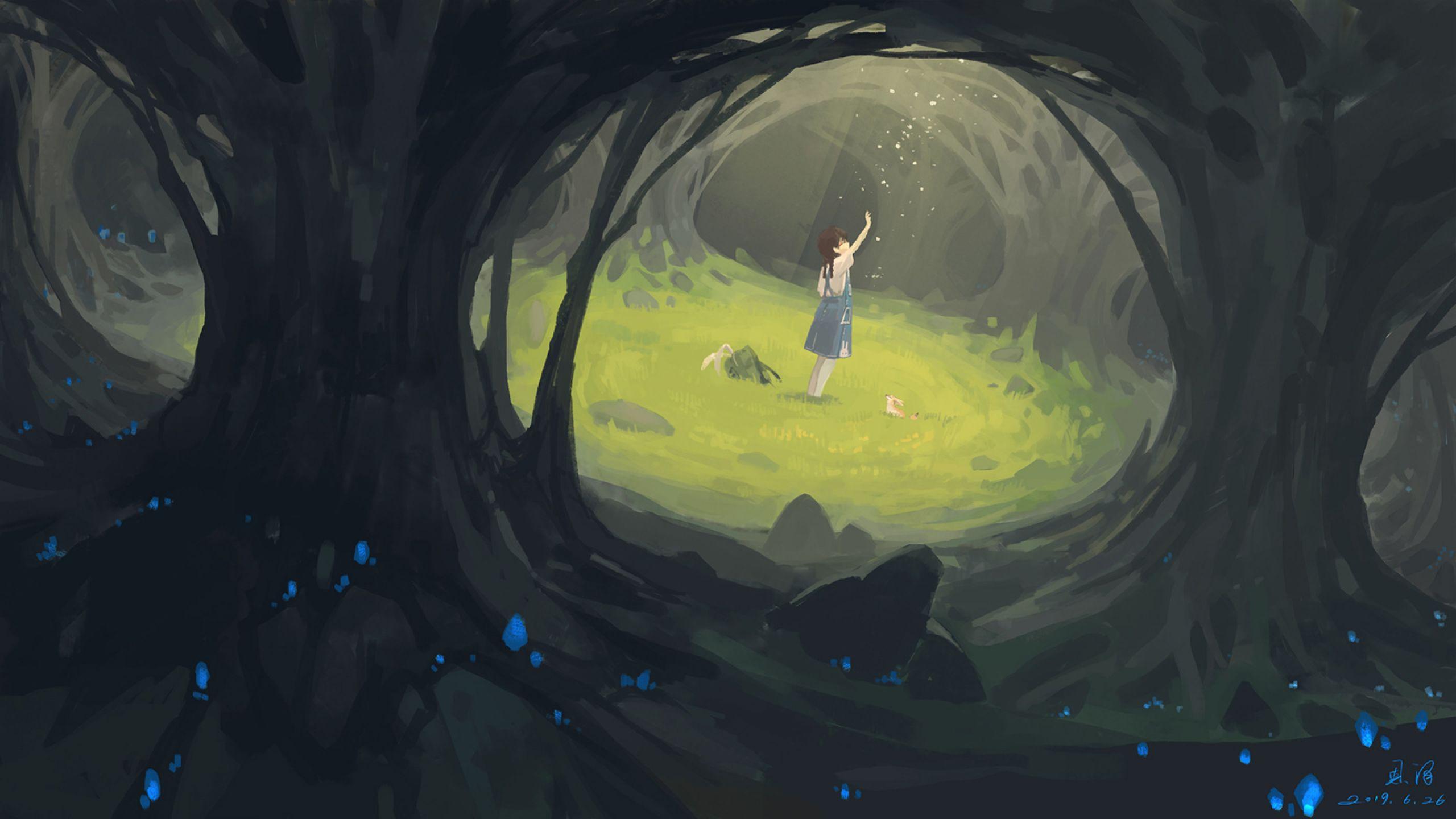 2560x1440 Anime Girl In Forest 1440P Resolution Wallpaper, HD