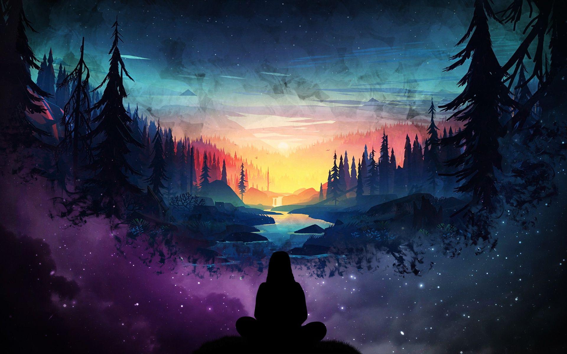 1920x1200 Forest, Nature, Silhouette, Sunrise, Landscape, Girl, River