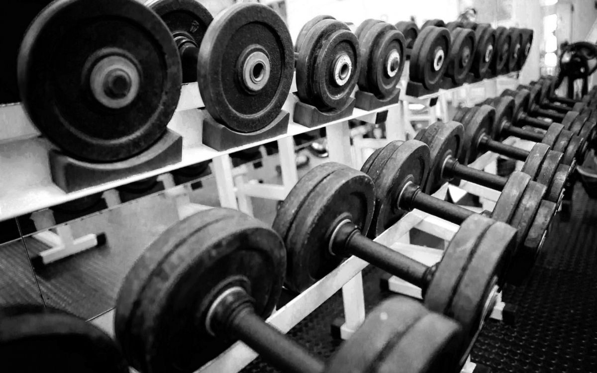 1200x750 Wallpaper Black Dumbbell on White Wooden Rack, Background Free Image