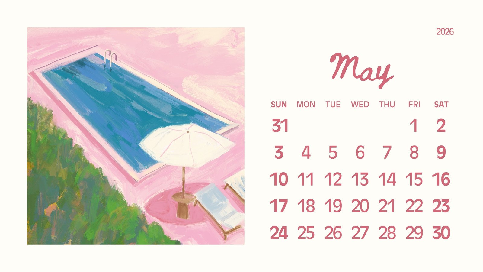 1600x900 Free to edit and print May 2026 calendar templates