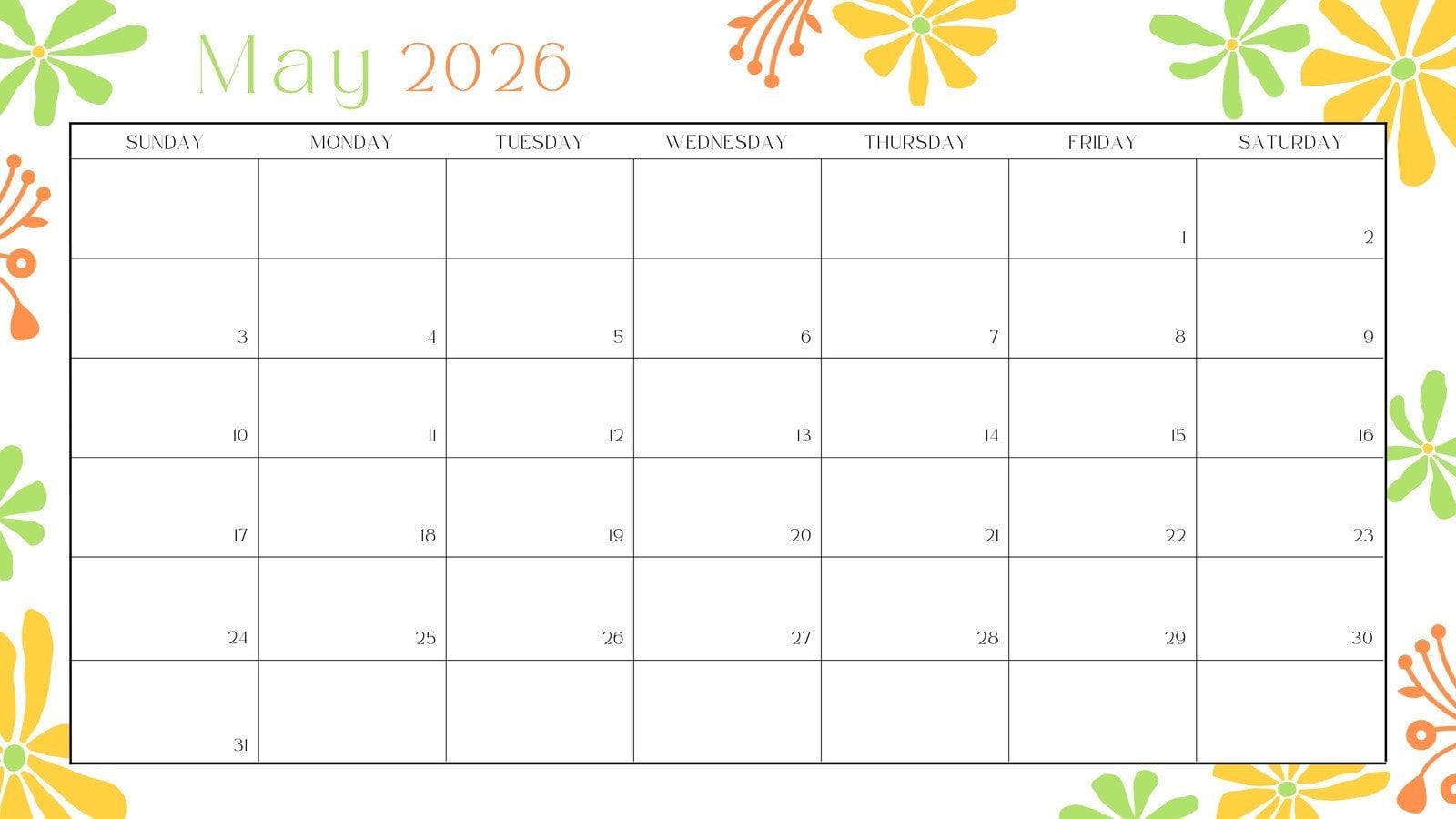 1600x900 Free to edit and print May 2026 calendar templates
